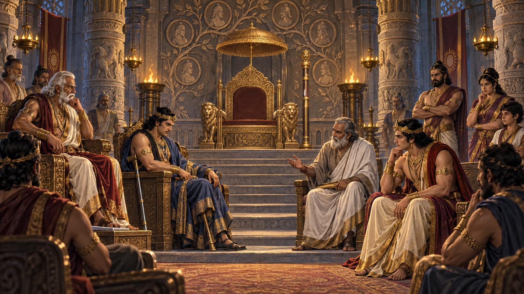 Members of a Kuru royal family and their counselors deliberate around an empty throne in a pillared assembly hall.