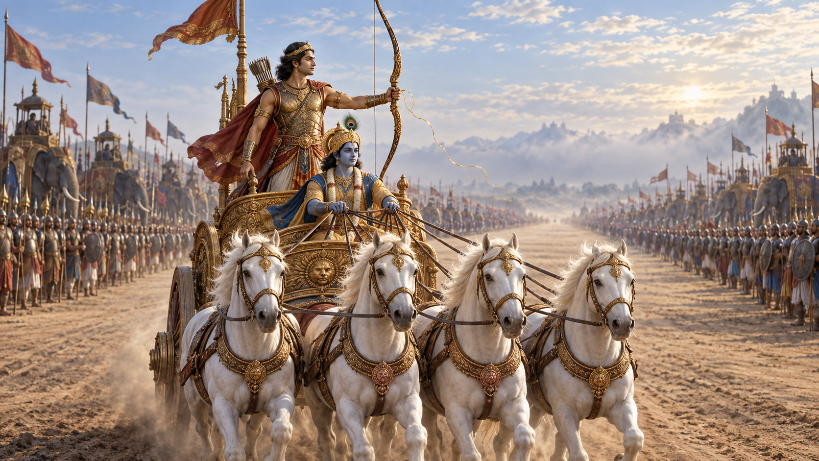 Arjuna calmly raises Gandiva as Krishna guides the chariot forward, while a loose golden thread falls away from Arjuna's bow hand.
