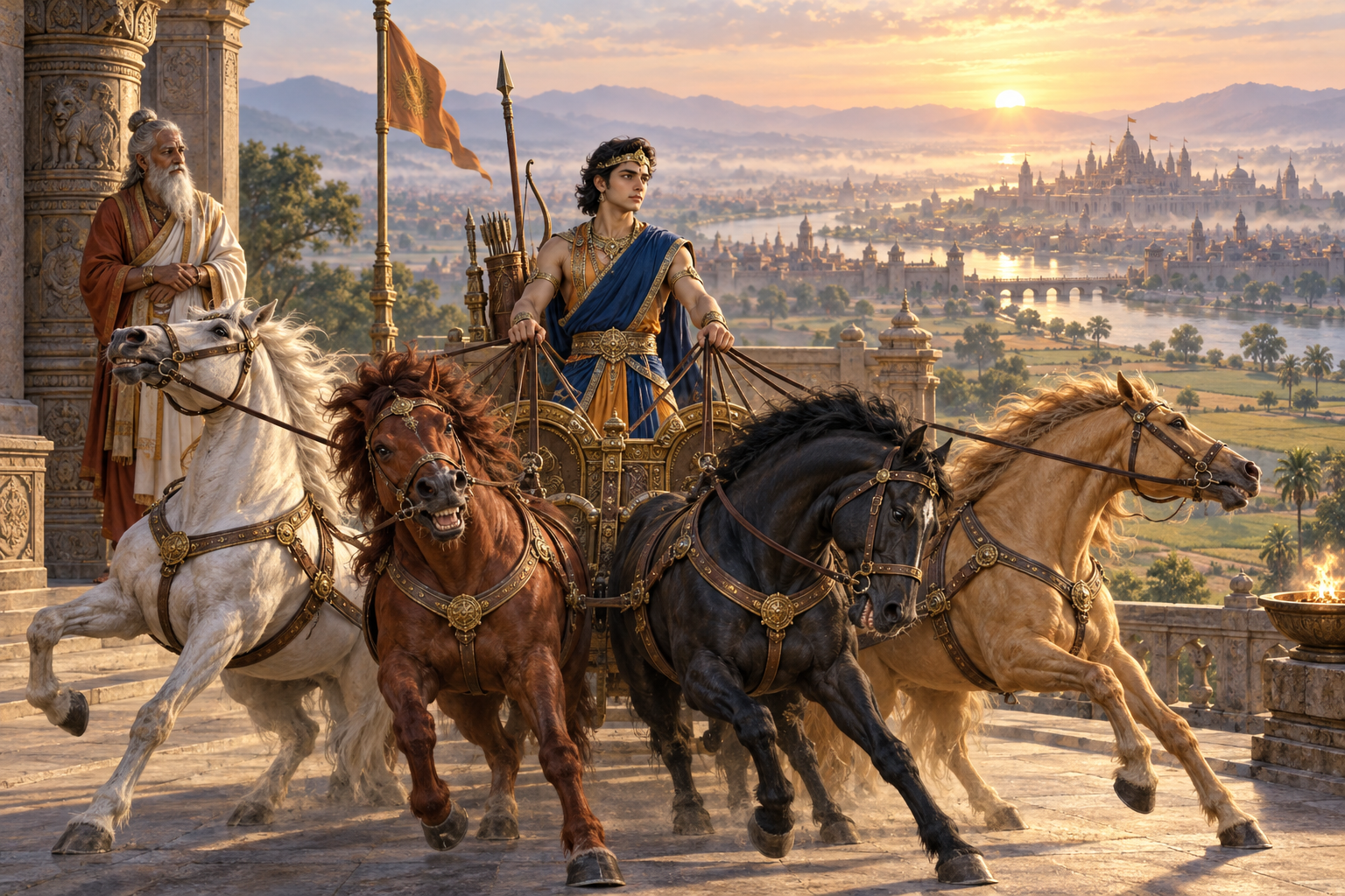 A calm young prince holds the reins of four restless horses beside a chariot while an elderly teacher watches at sunrise.