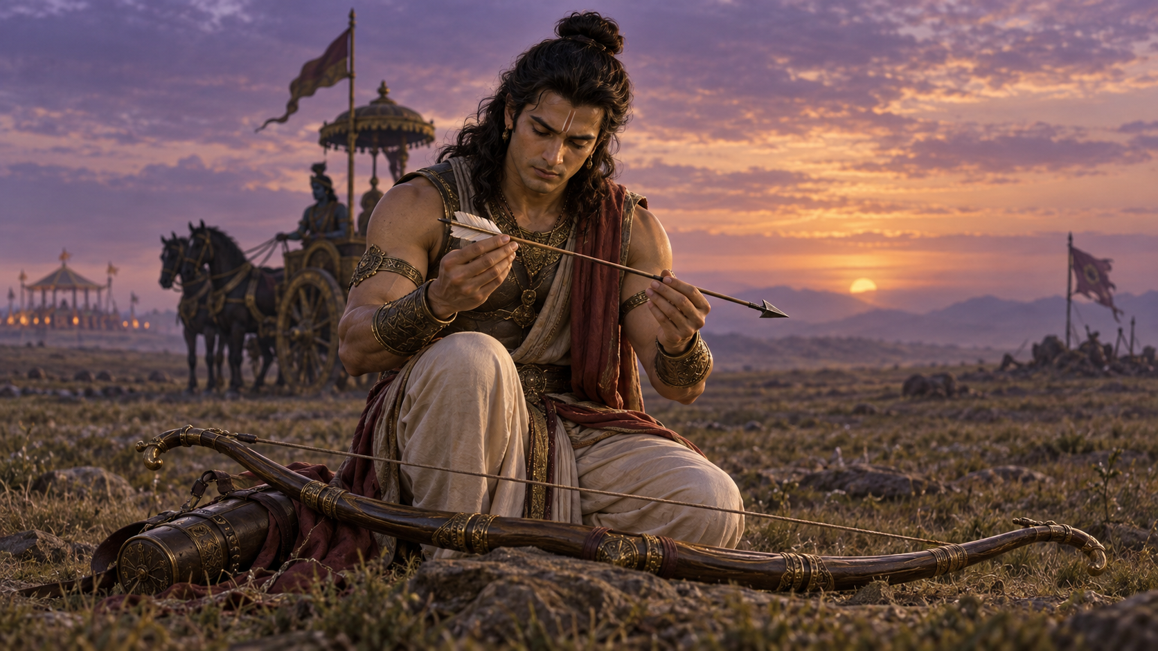 Arjuna inspects his bow and a straight arrow in the foreground while symbols of victory and defeat remain blurred in the distance.