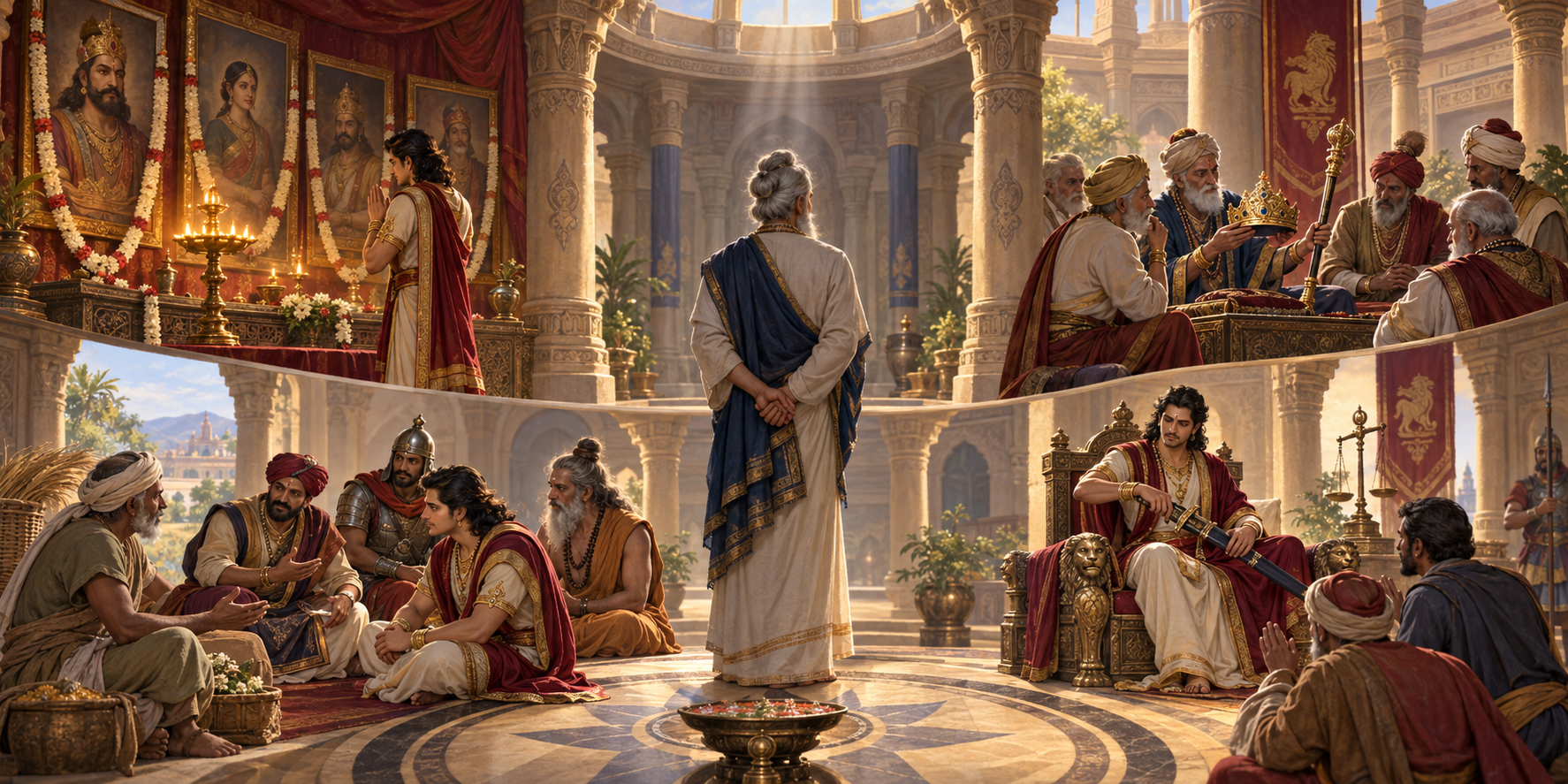 A circular royal council scene presents ancestry, eligibility, governing ability, and conduct in power as four connected tests of succession.