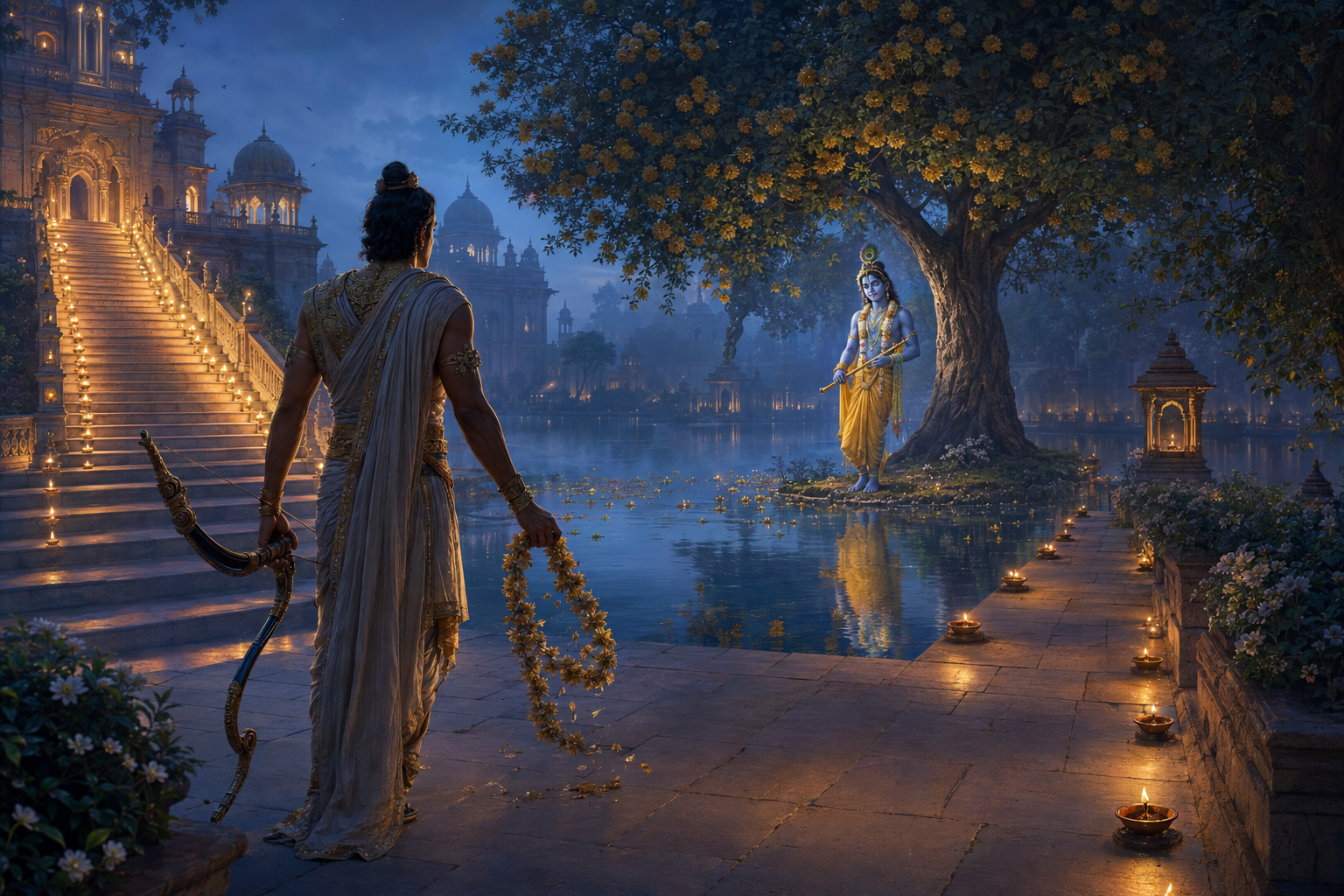A practitioner lowers a bow and releases a ceremonial garland while facing Krishna across a lamp-lit temple courtyard at twilight.