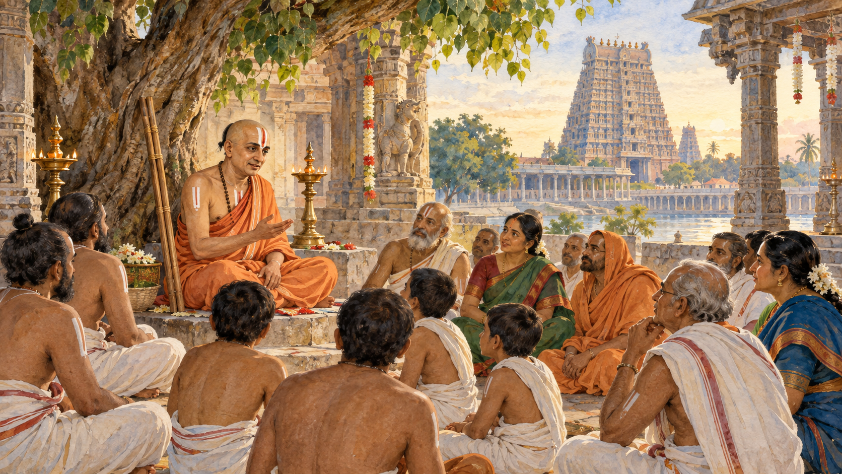 Illustration of Ramanujacharya teaching a diverse group of students beneath a tree in a South Indian temple courtyard at dawn.