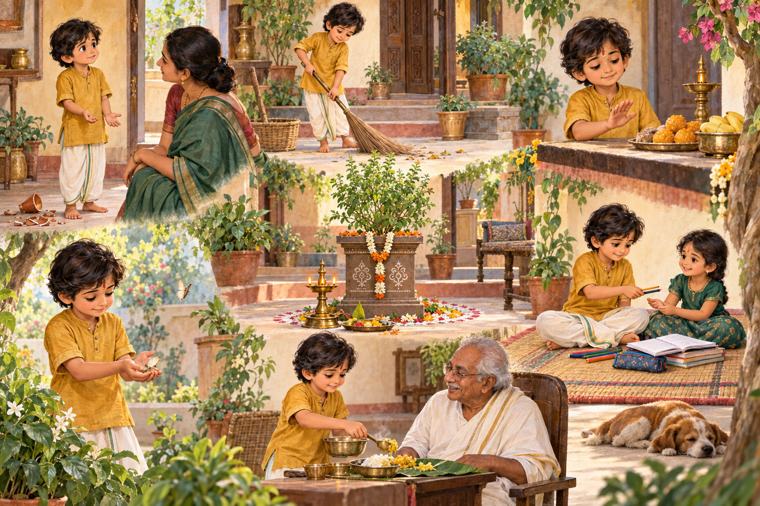 Six connected illustrations show the same child telling the truth, doing a chore, resisting a sweet, releasing a moth, serving an elder, and sharing supplies.