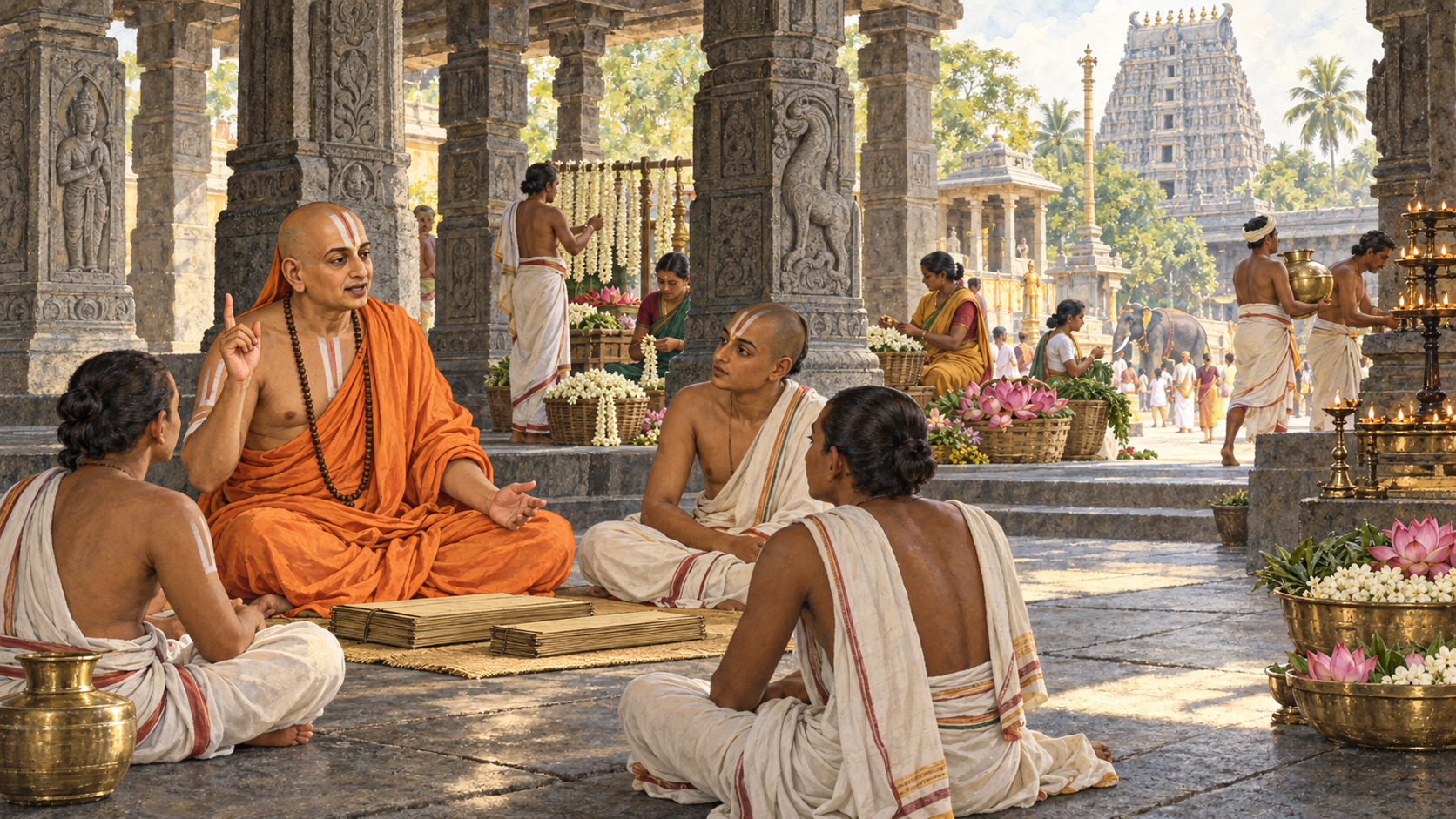 Ramanujacharya teaches students in a pillared temple hall while people prepare flowers, water, lamps, and food in the courtyard beyond.