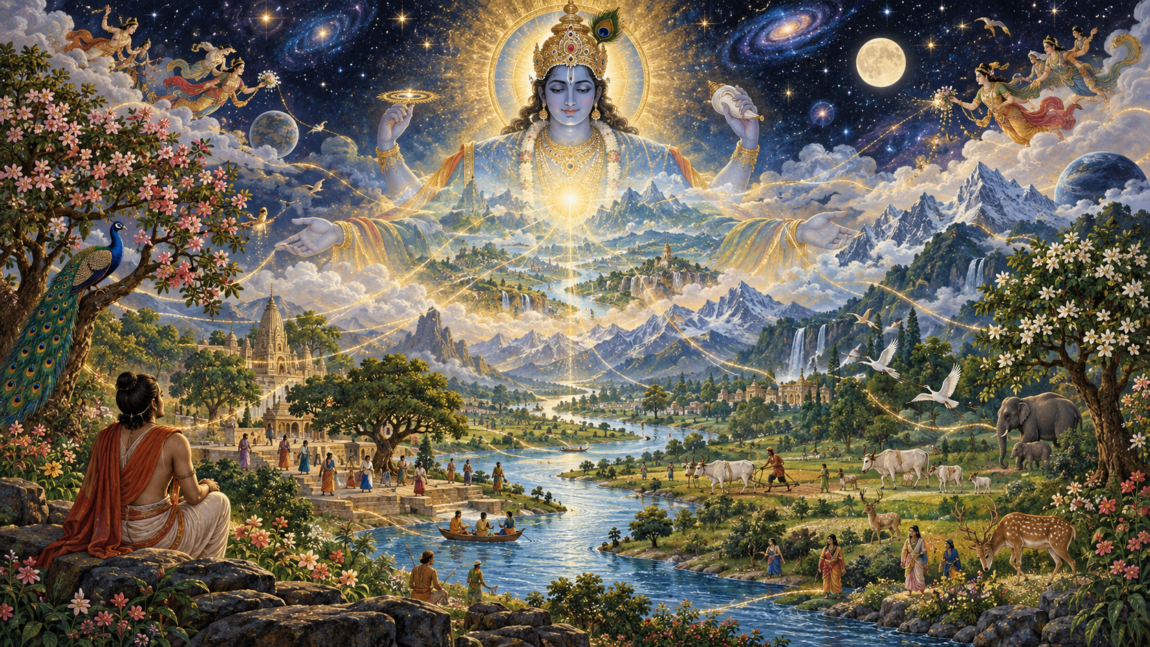 A luminous divine form encompasses a cosmic landscape in which people, animals, trees, a river, mountains, the moon, and stars remain individually distinct.