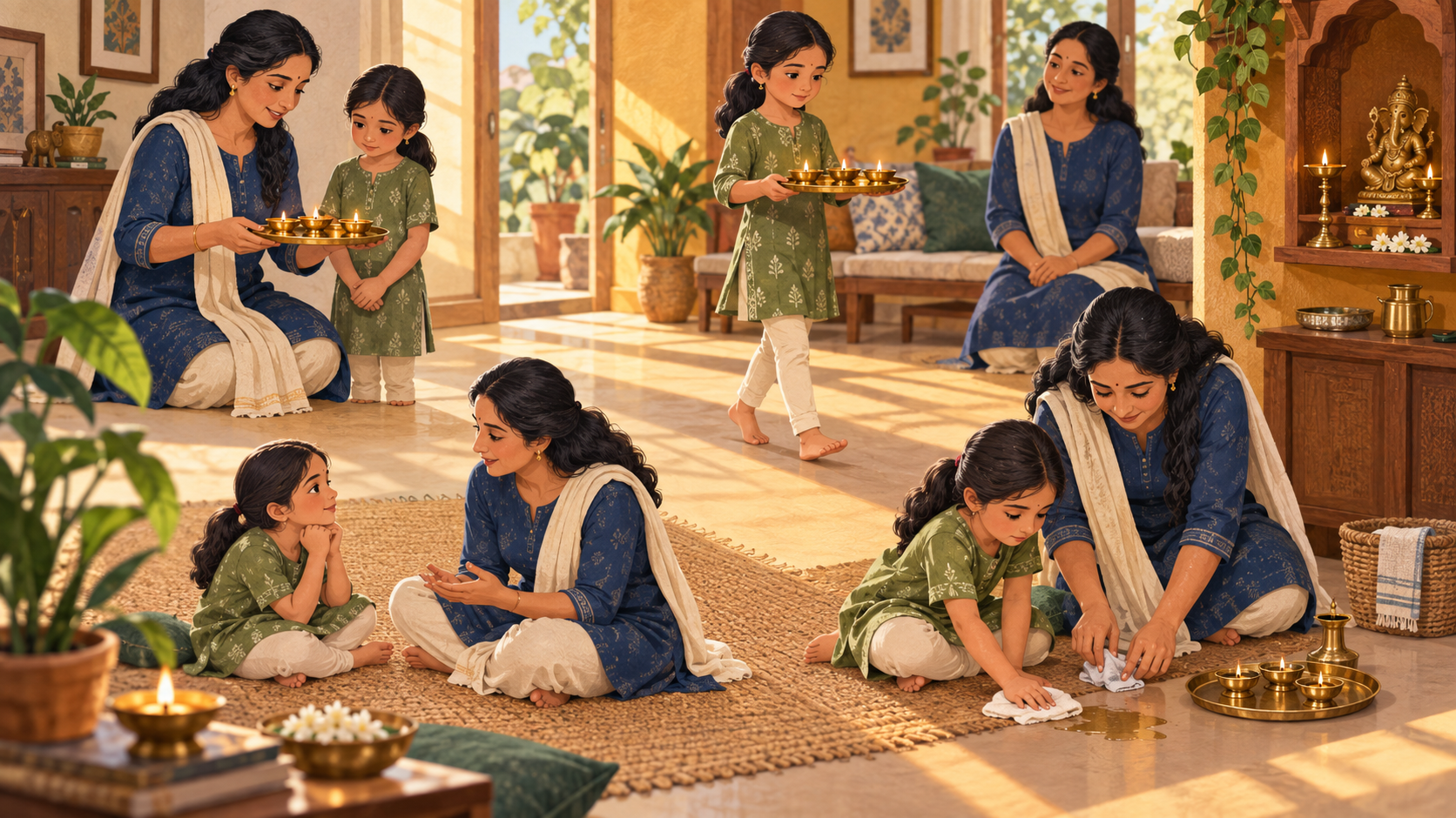 Four connected scenes show a parent teaching a child to carry a lamp tray, the child practising, both reflecting, and then cleaning a spill together.