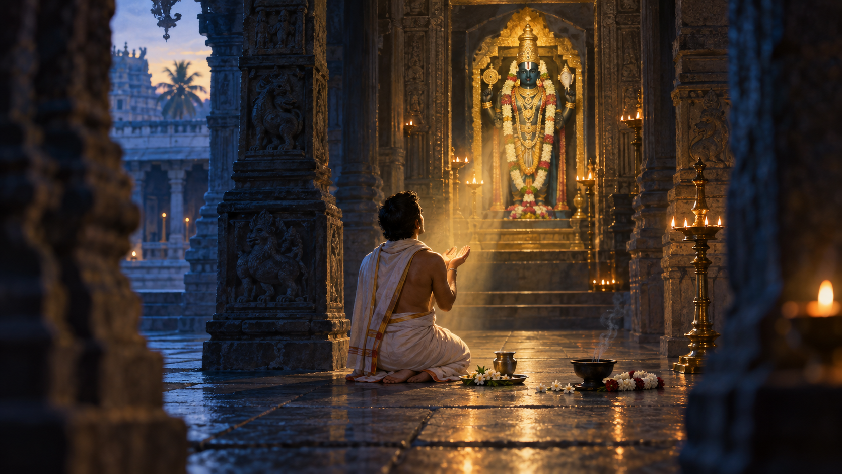 A devotee kneels with open palms before a standing Vishnu murti in a lamp-lit stone temple sanctum before sunrise.