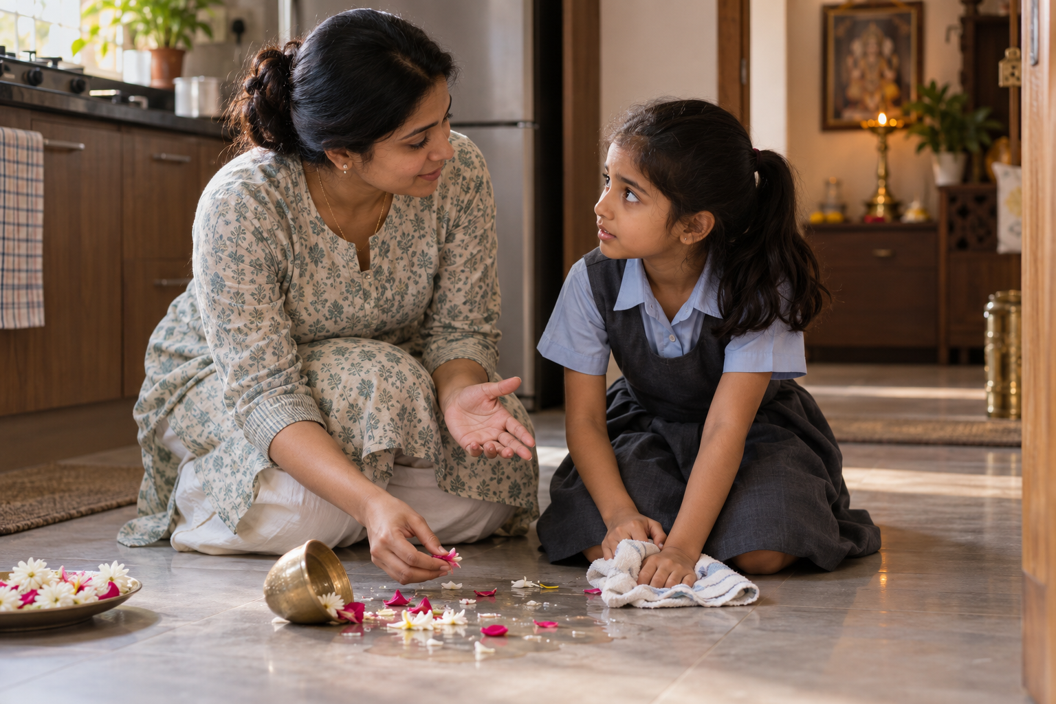 A parent kneels beside a child as they calmly clean water and flower petals spilled on the floor.
