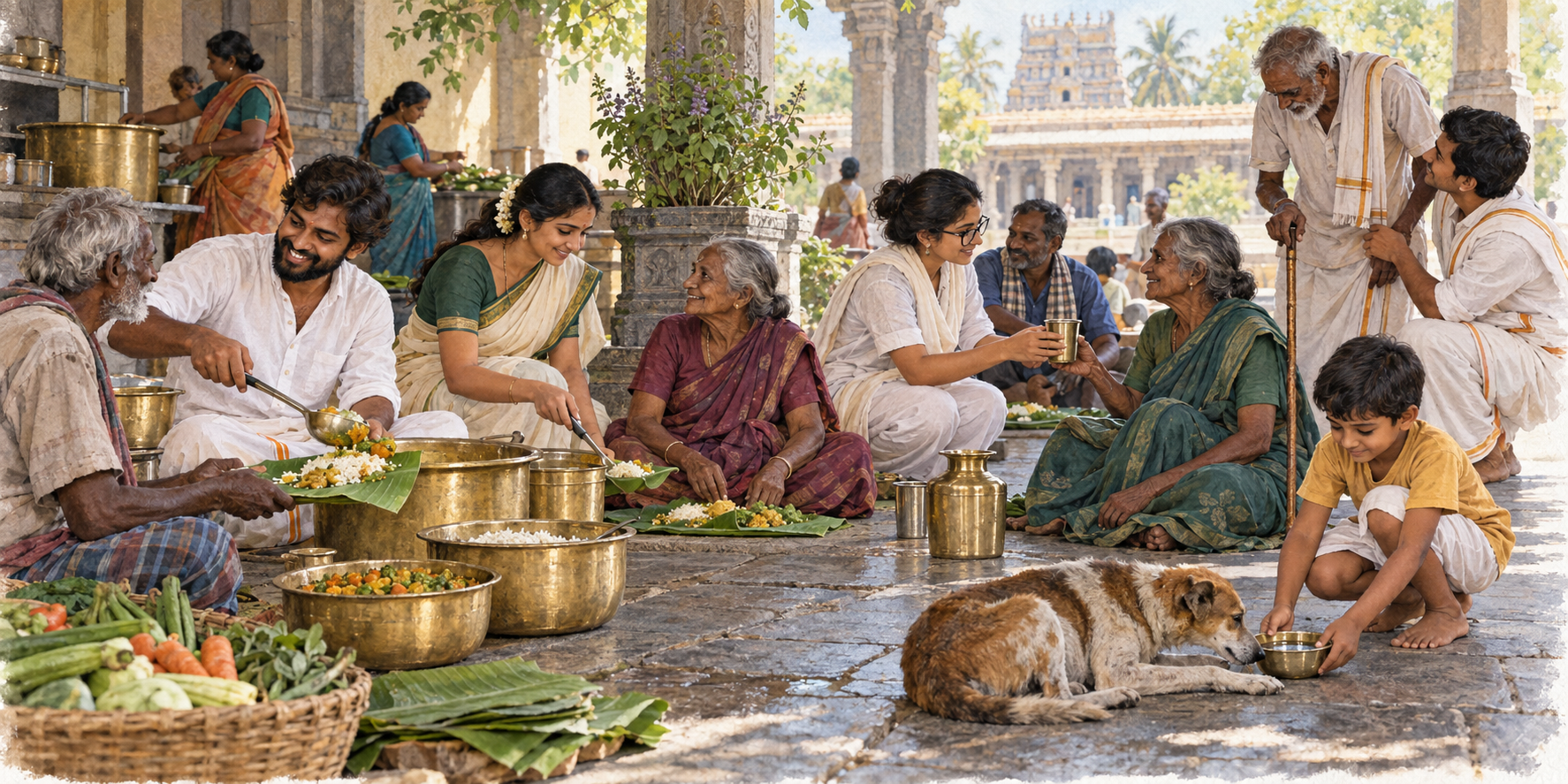 Volunteers serve food and water and assist an older visitor in a South Indian temple courtyard while a child places a bowl near a resting dog.