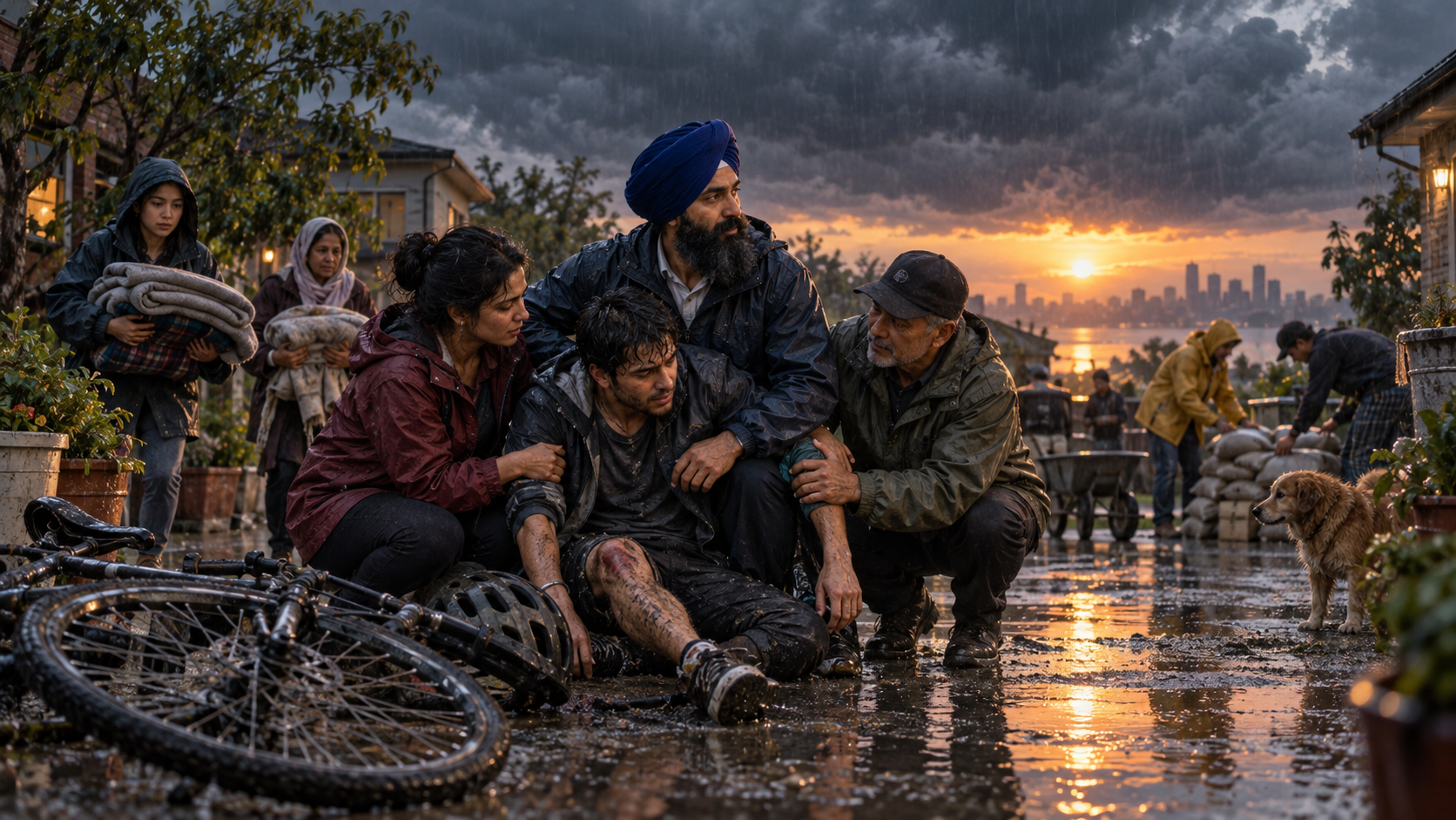 A Sikh adult in a blue turban and several neighbors help an injured bicycle rider in a rain-soaked courtyard as sunrise light breaks through storm clouds.
