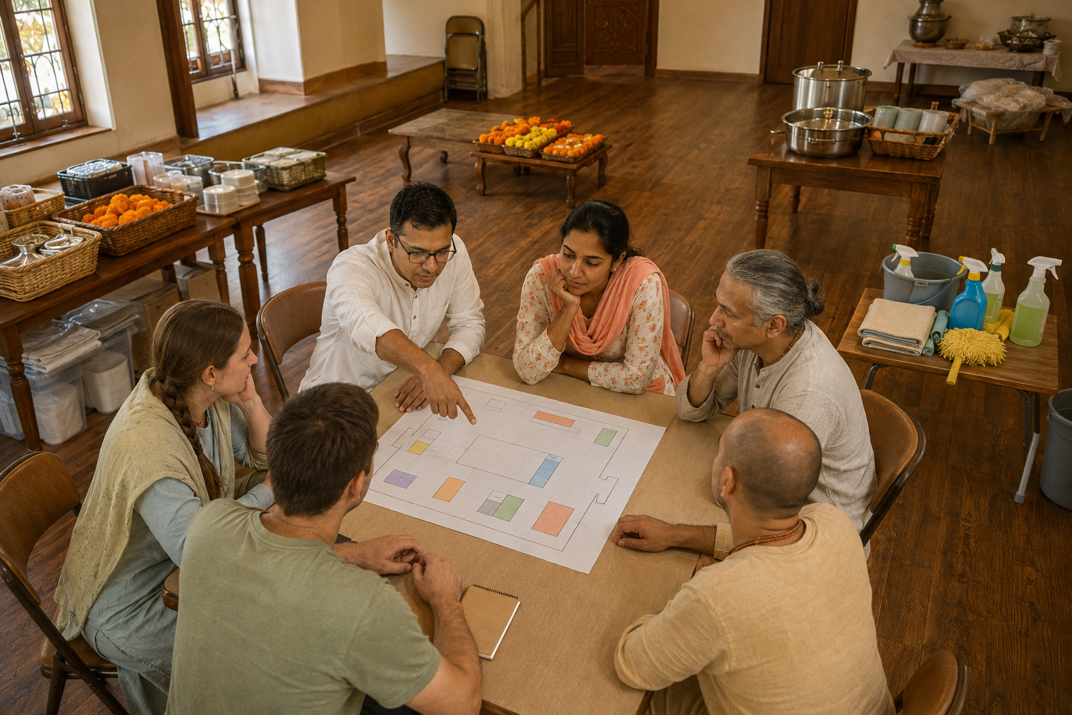 Temple volunteers sit around a table with an abstract floor plan and supplies while coordinating festival service roles.