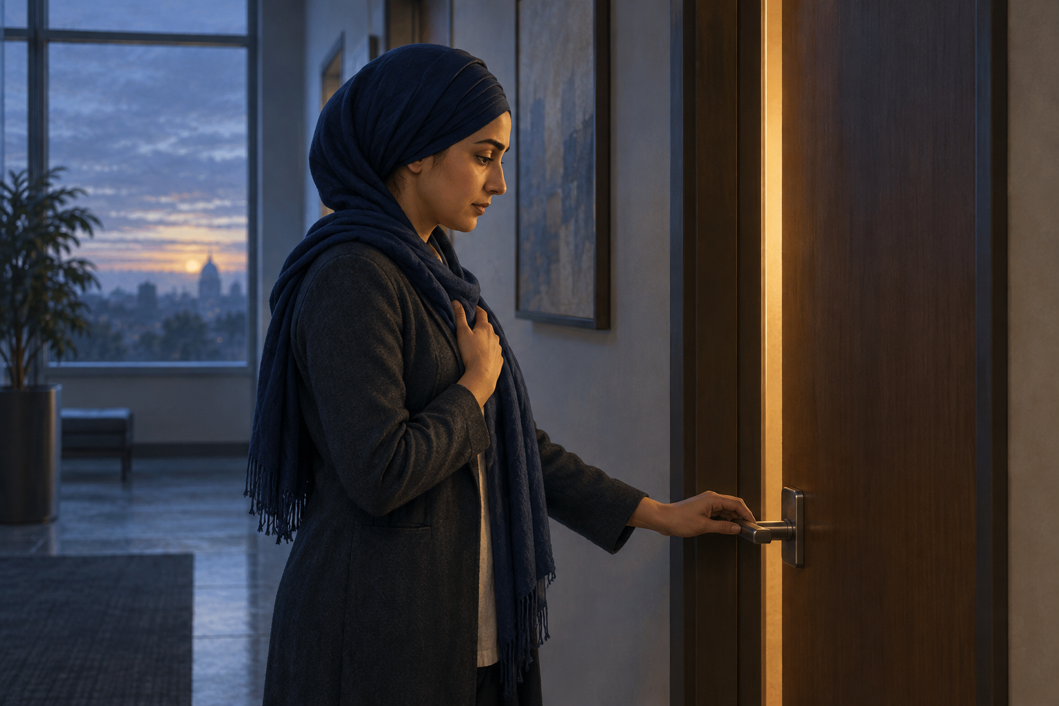 A Sikh woman pauses with one hand near a meeting-room door and the other over her chest in a softly lit hallway.