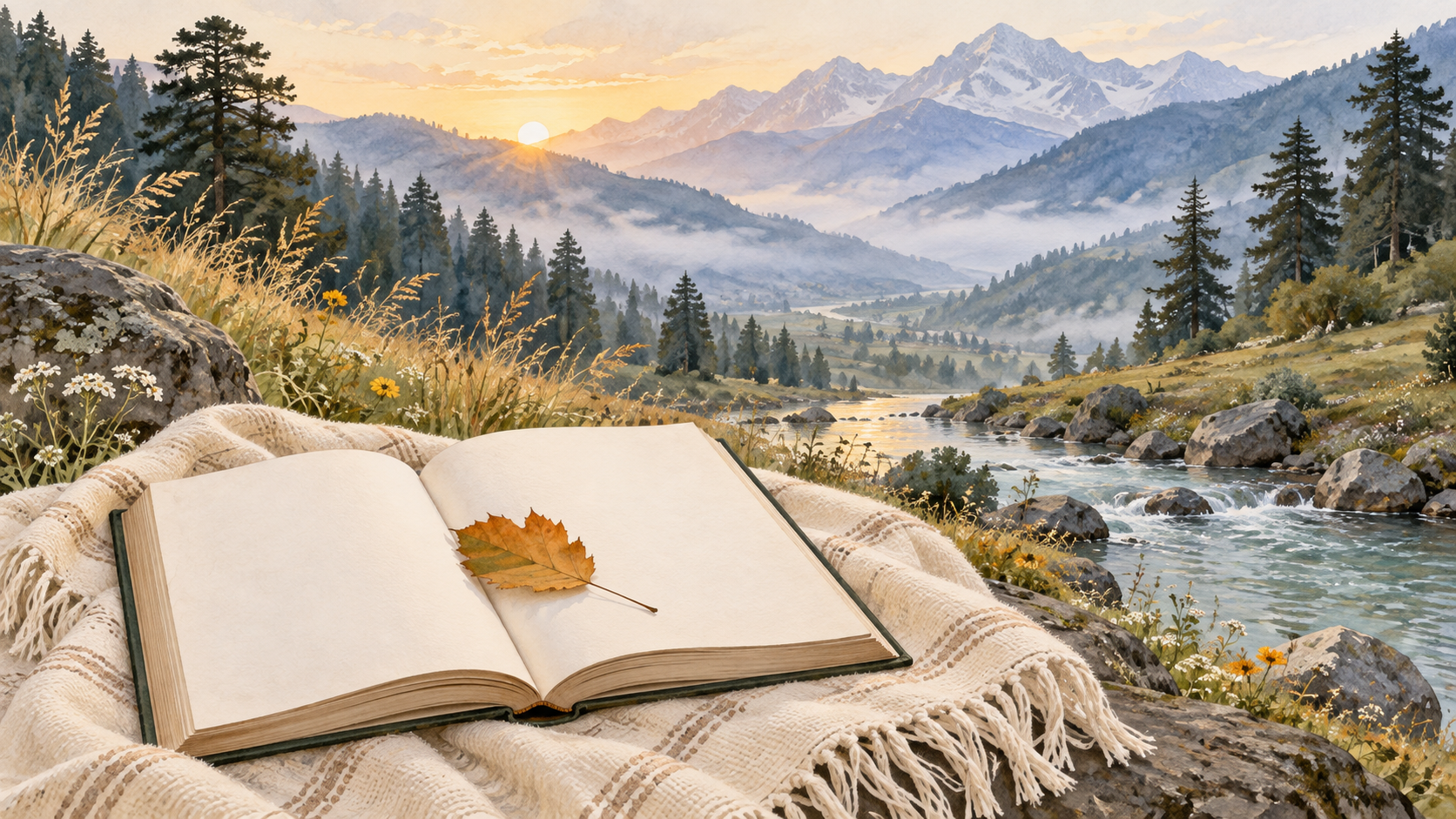 An open unmarked book lies beside a stream overlooking a misty mountain valley at dawn.