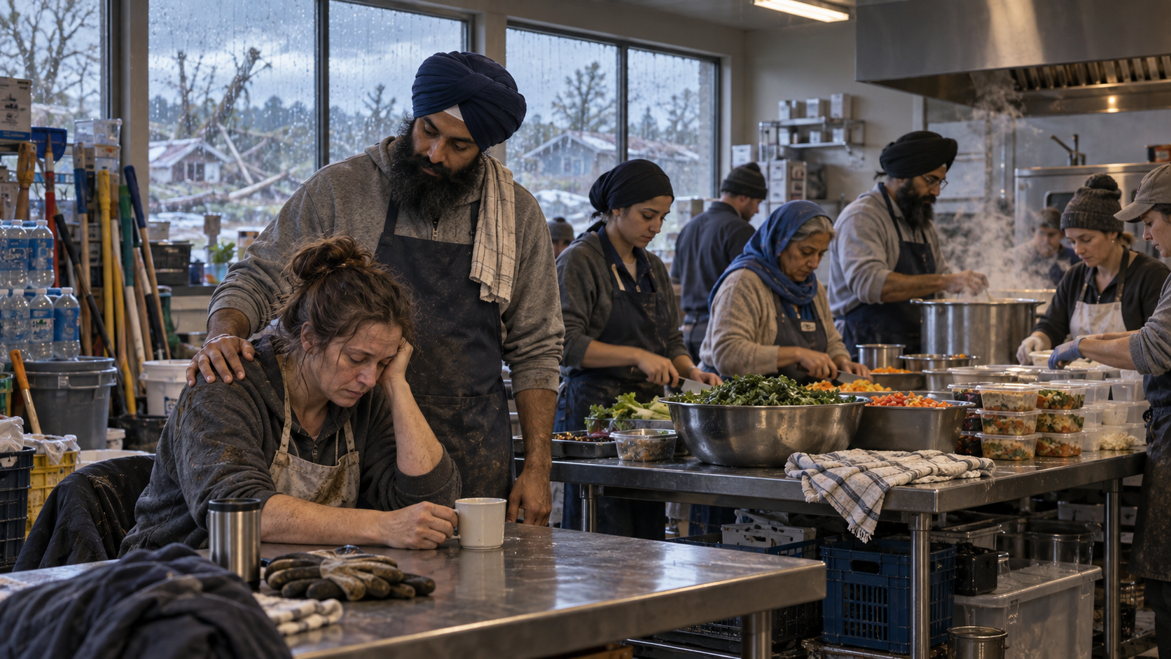 Volunteers prepare meals in a community kitchen after a storm while one tired person receives quiet support from another.