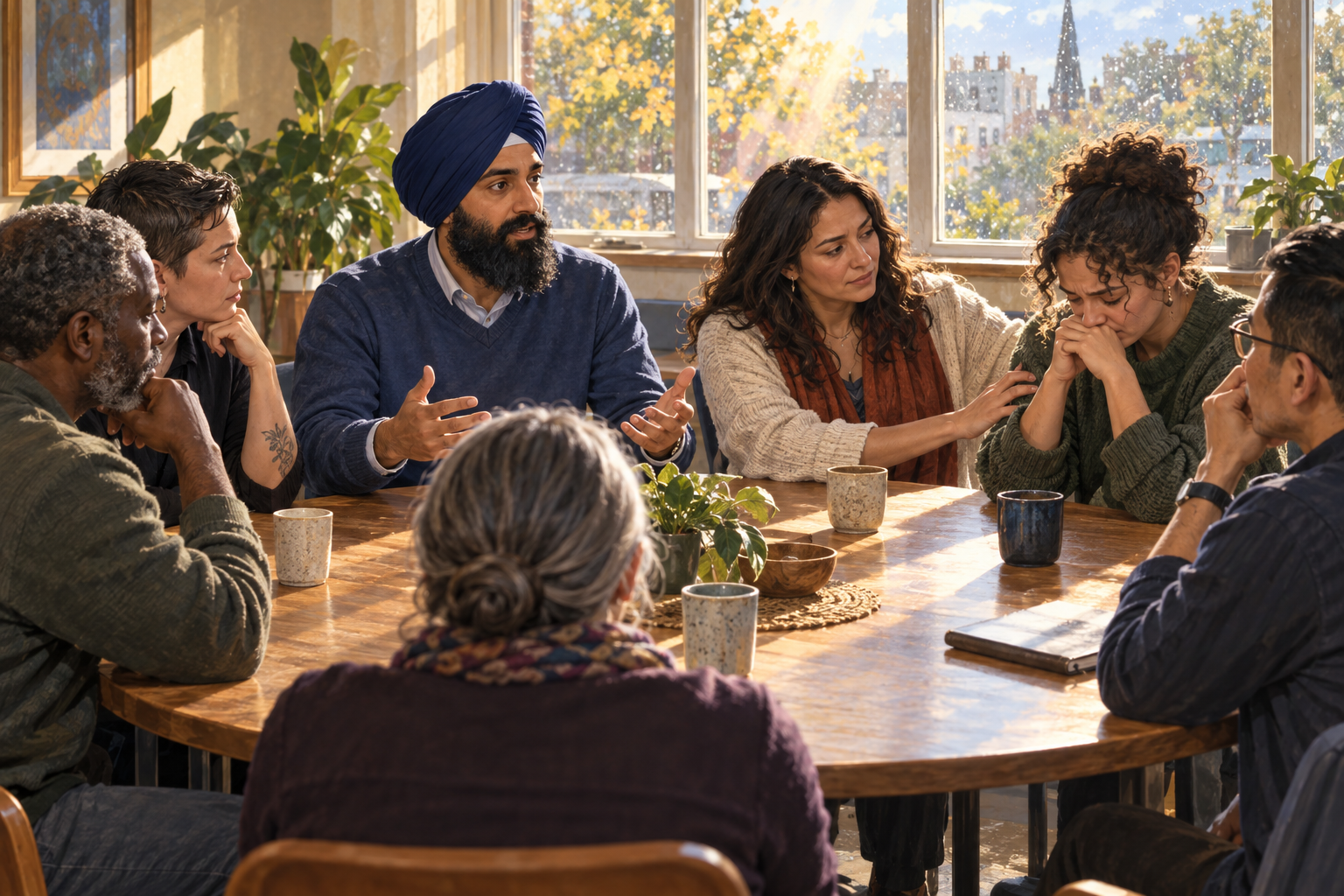 A Sikh man speaks firmly during a serious round-table meeting while another participant offers support to a distressed person.