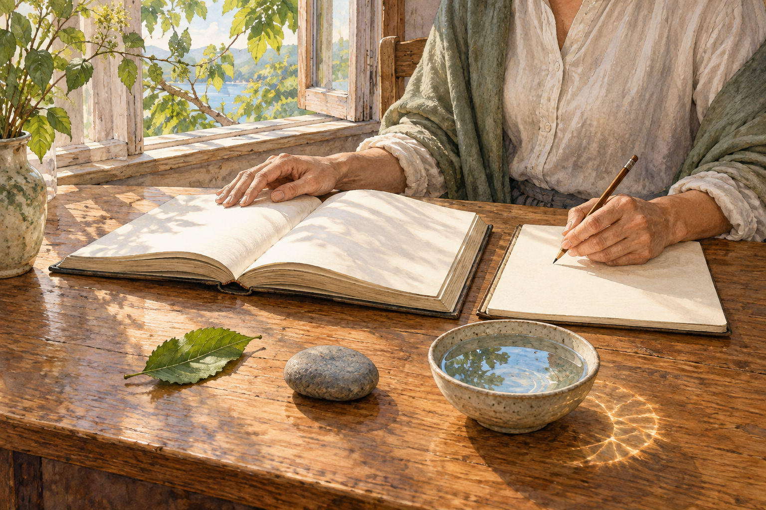 A reader studies an open book at a wooden table beside a leaf, a river stone, and a bowl of water.