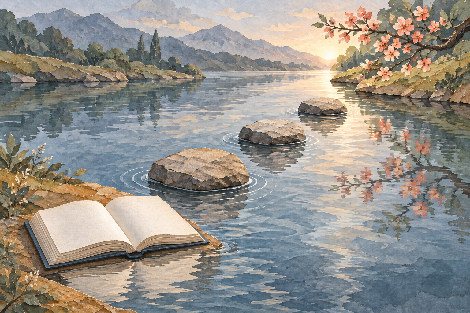Three stepping stones cross a reflective river between an open book and a flowering branch.