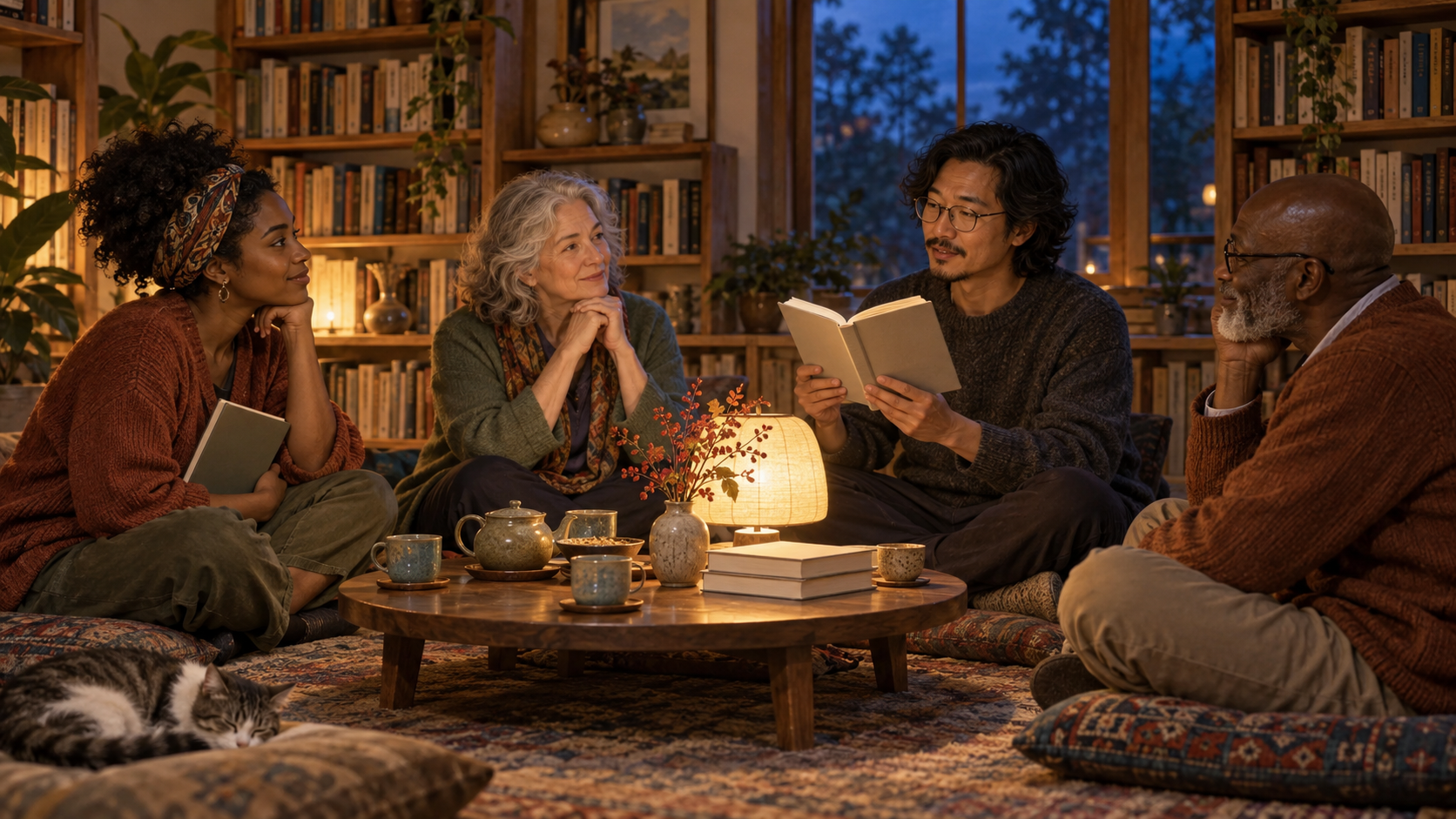 Four adults sit in a warmly lit home library and share books in a small reading circle.