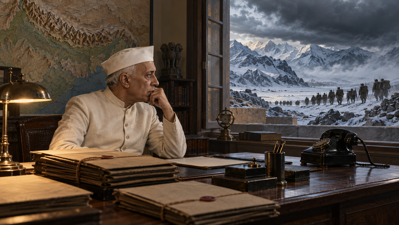 Historical editorial illustration of Jawaharlal Nehru beside an unlabeled Himalayan relief map as a distant military column advances across the Tibetan plateau.