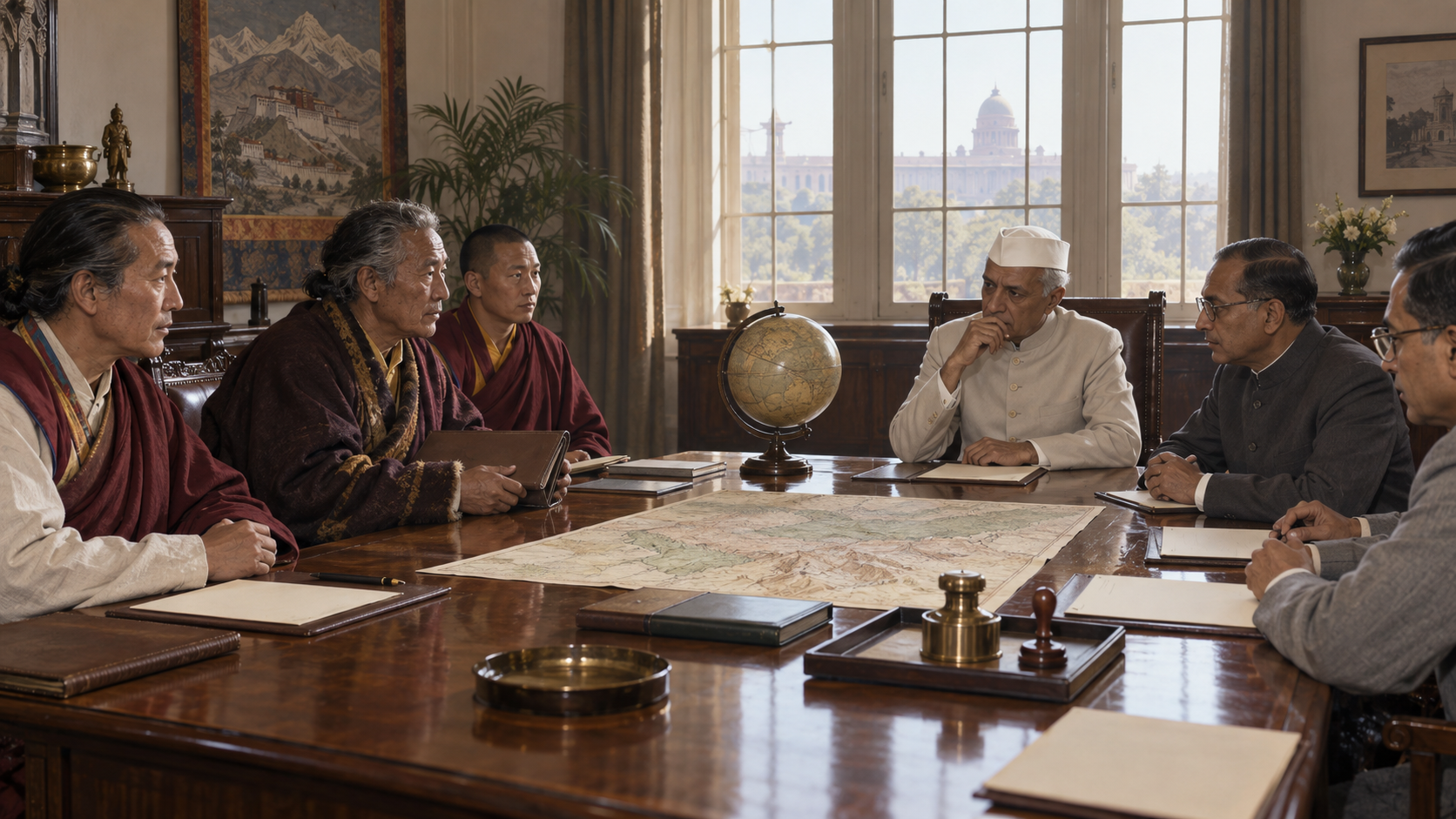 Editorial illustration of Tibetan envoys and Indian officials facing one another across a table with blank diplomatic papers and an unlabeled map.
