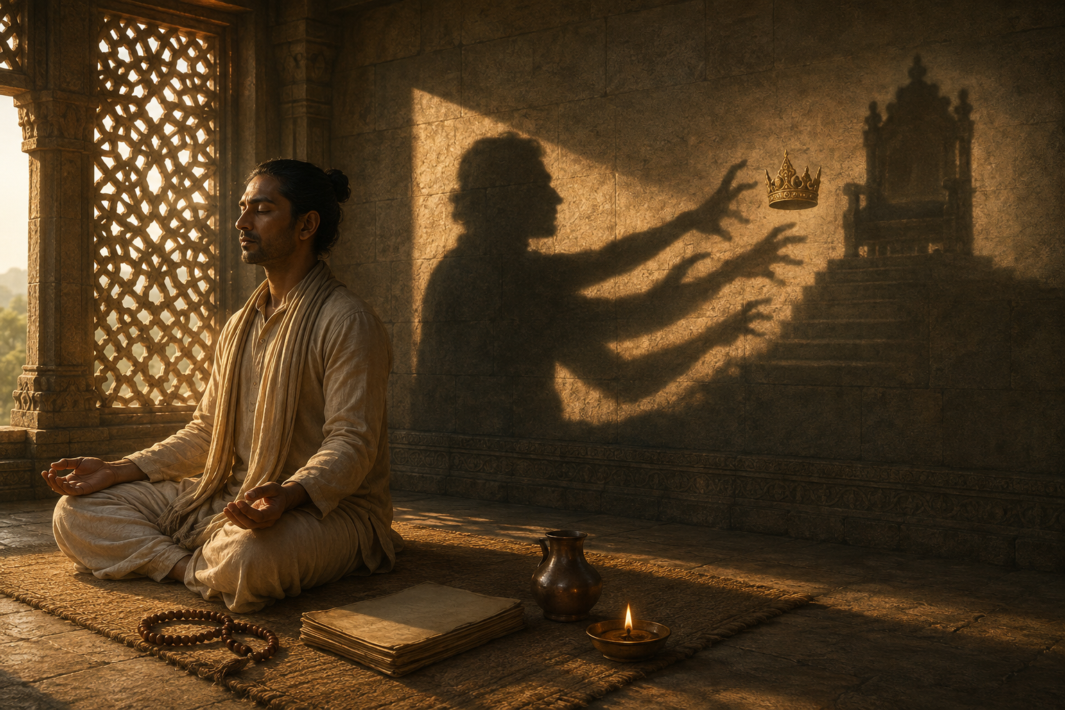 A meditating practitioner casts a shadow shaped like hands reaching toward a crown and throne inside a stone pavilion.
