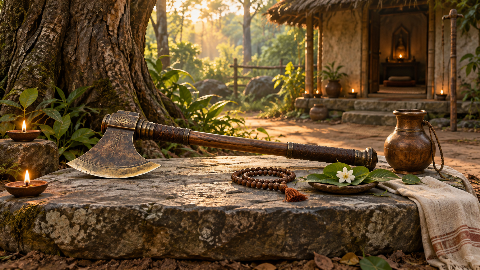 A traditional axe rests on a stone platform beside prayer beads, a water vessel, leaves, and oil lamps in a forest hermitage.