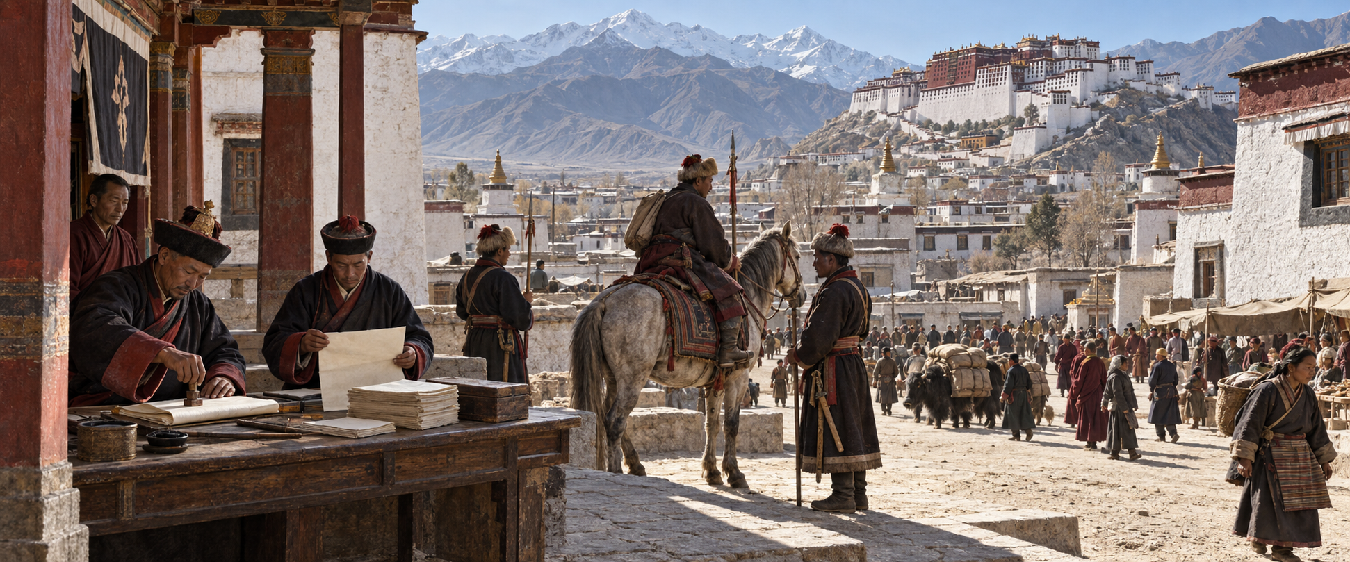 Reconstructed view of Tibetan officials, a mounted messenger, guards, monks, traders, and townspeople active in a Lhasa courtyard around 1950.