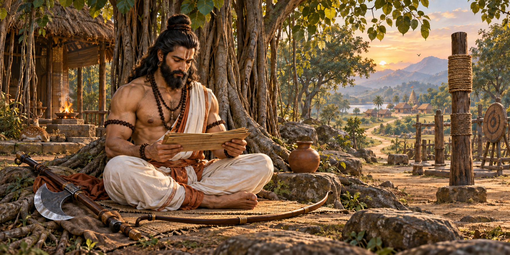 Parashurama studies a palm-leaf manuscript beneath a banyan tree while an axe and unstrung bow rest beside him near a forest training ground.