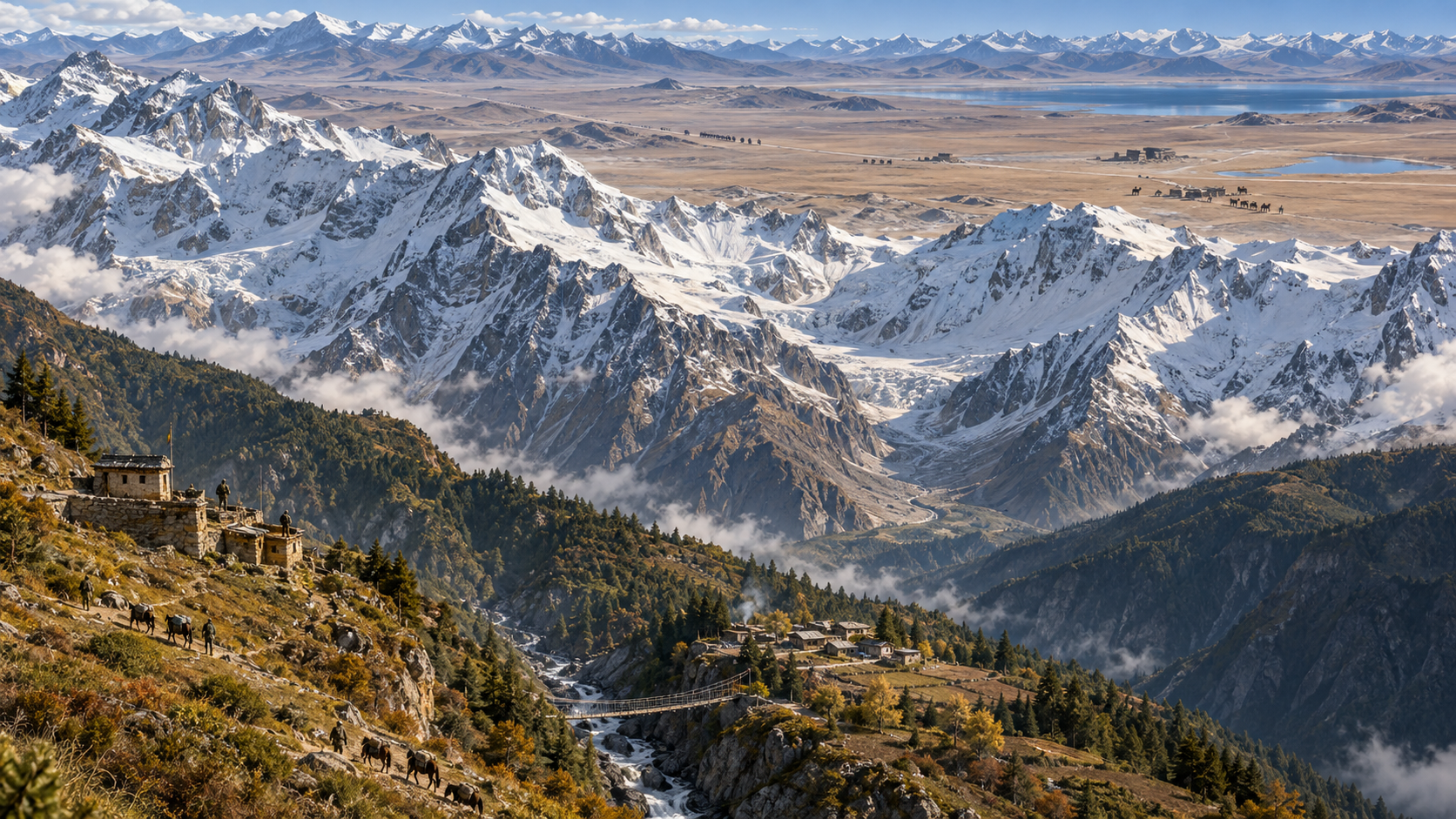 Aerial editorial landscape showing an Indian Himalayan outpost and narrow mountain passes below the broad Tibetan plateau, with distant caravans and a military column.