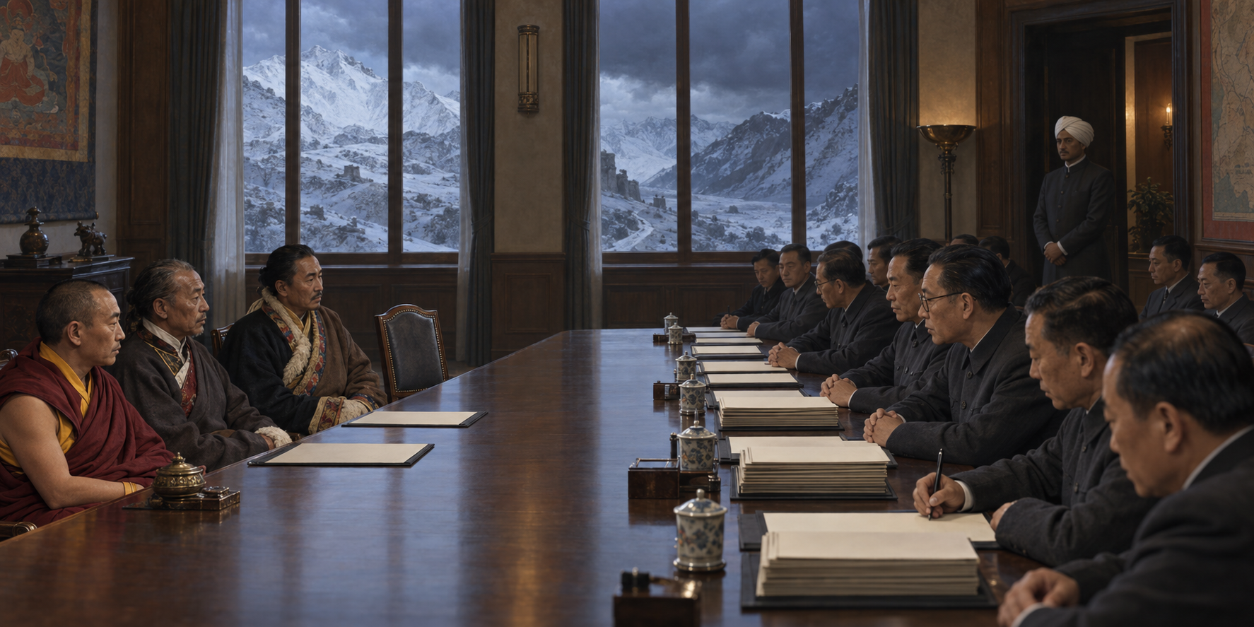 Symbolic editorial scene of a small Tibetan delegation and a larger Chinese delegation at opposite ends of a conference table while an Indian observer stands near the doorway.