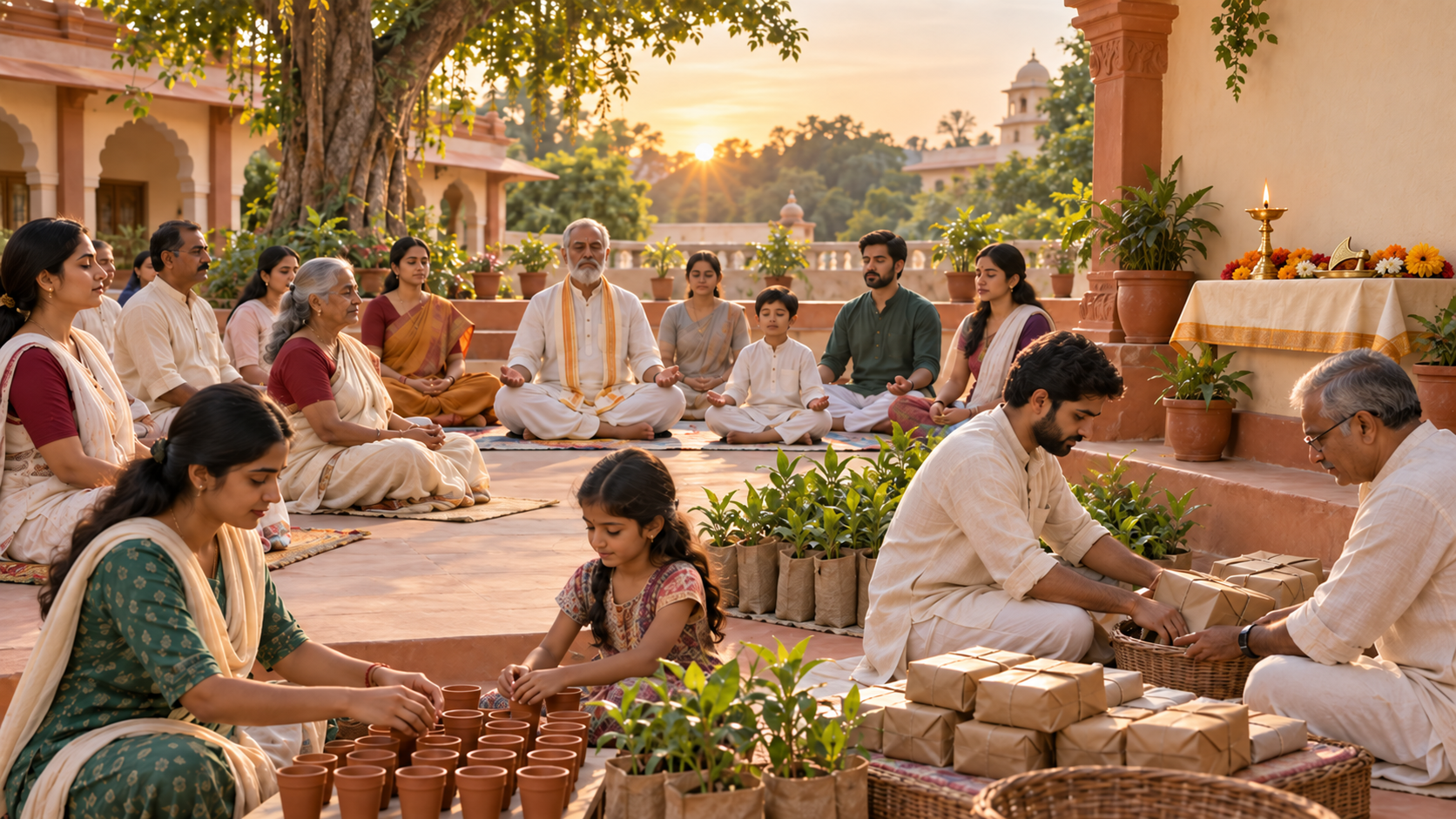 A multigenerational community observes Parashuram Jayanthi with meditation, lamps, saplings, water cups, and food parcels arranged for service.