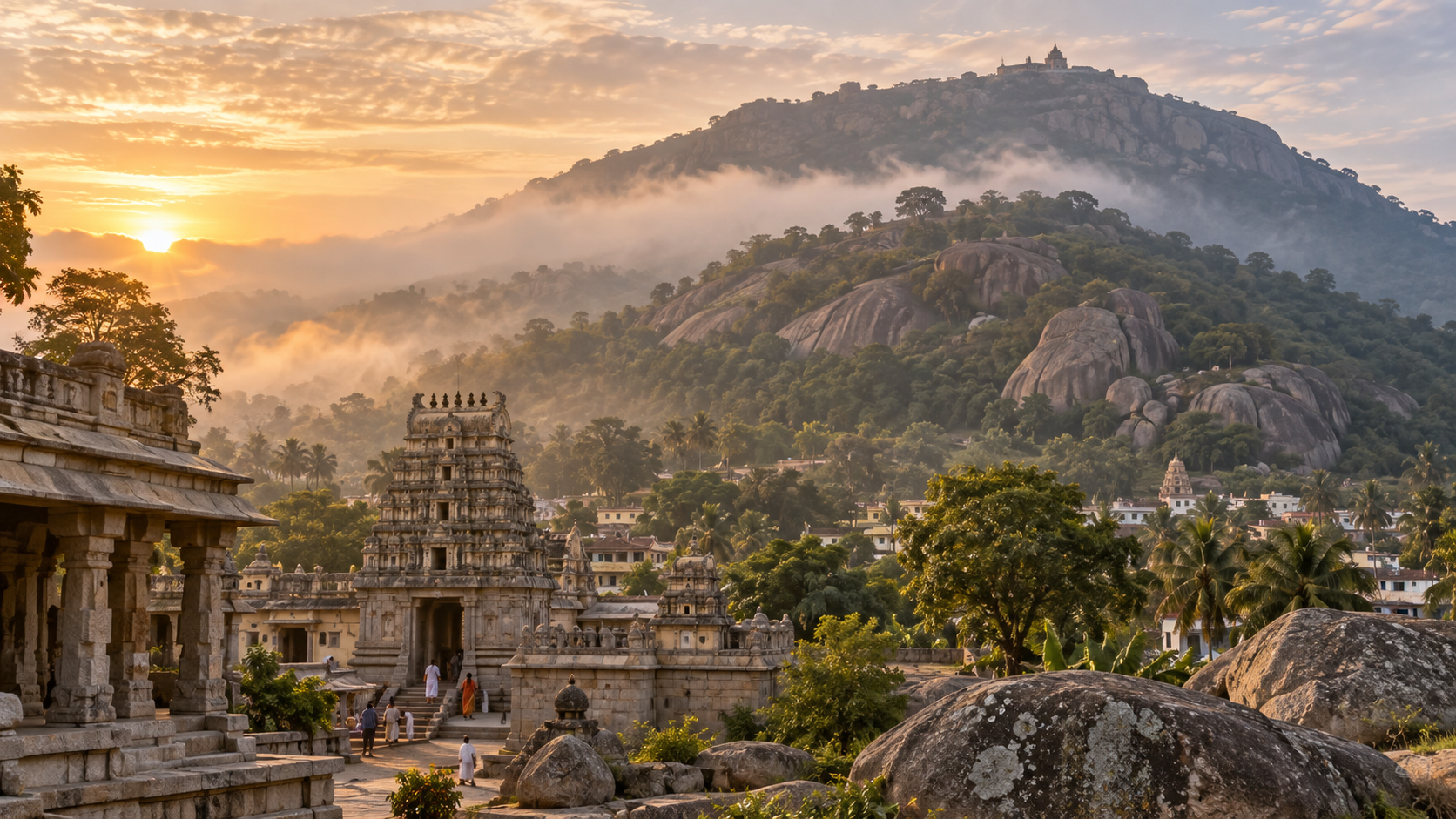 A granite temple complex at the foot of Nandi Hills, with boulder-strewn slopes rising toward a small summit sanctuary in the morning light.