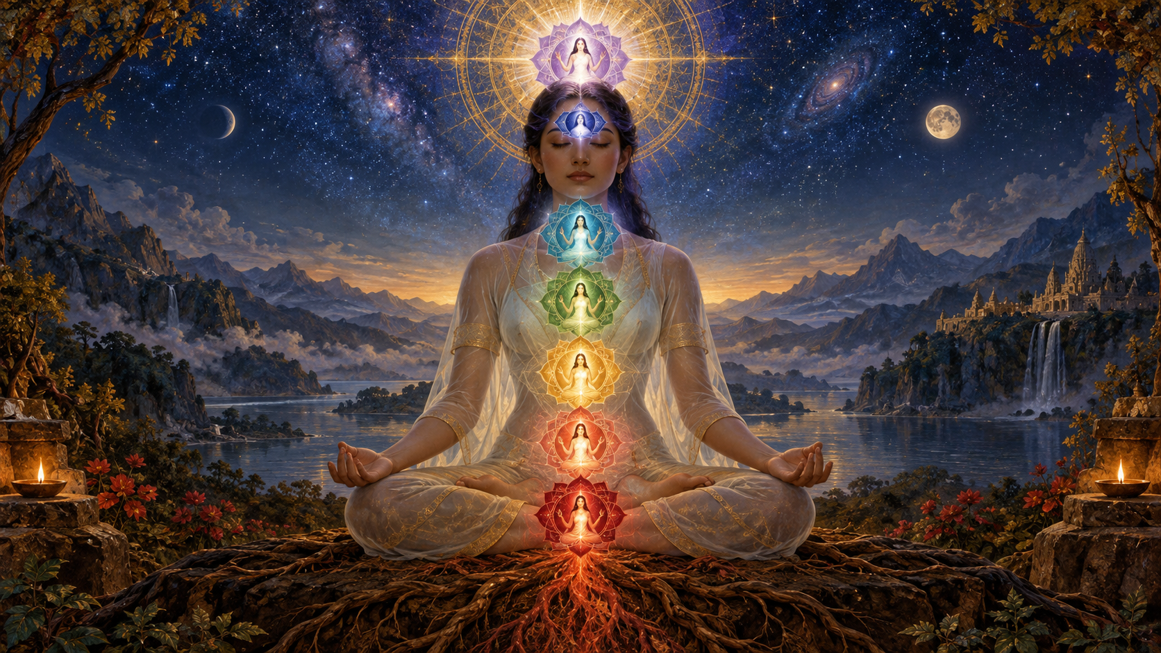 A meditating figure with seven glowing lotus sanctuaries along the central axis, each containing a small feminine presence of light beneath a radiant cosmic halo.