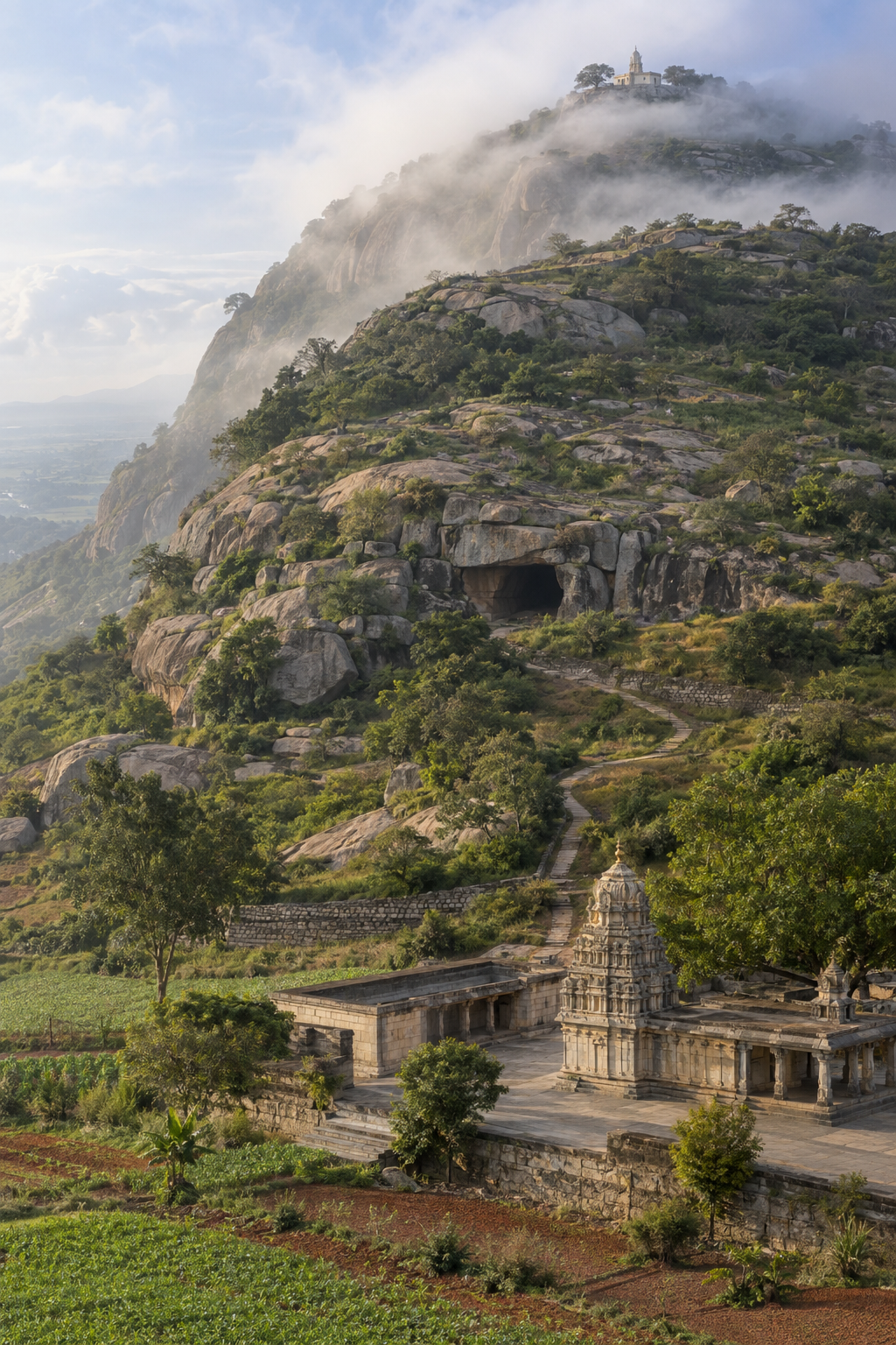 A rising landscape of fields, granite outcrops, a natural rock opening, and a hilltop shrine connected visually by a winding path.