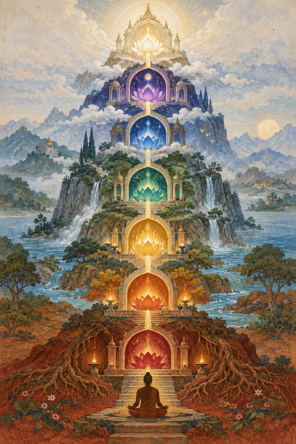 A seated silhouette before a seven-level temple-mountain whose ascending lotus chambers lead from rooted earth into radiant sky.