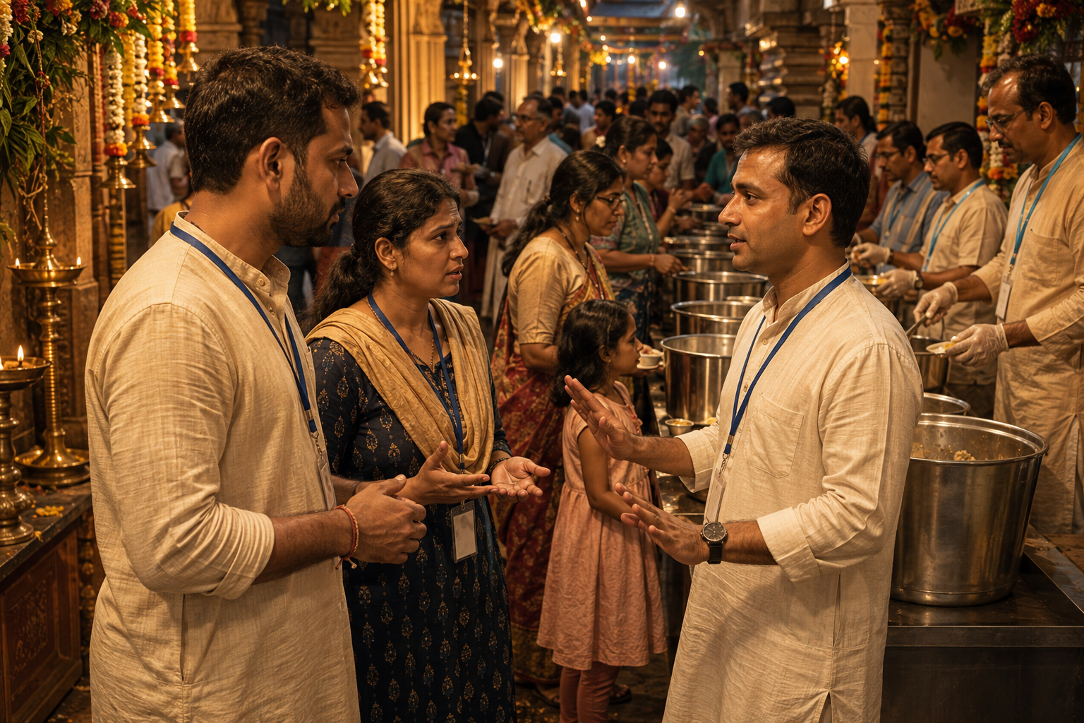 A coordinator calmly speaks with two volunteers beside a busy prasadam distribution area as service continues behind them.