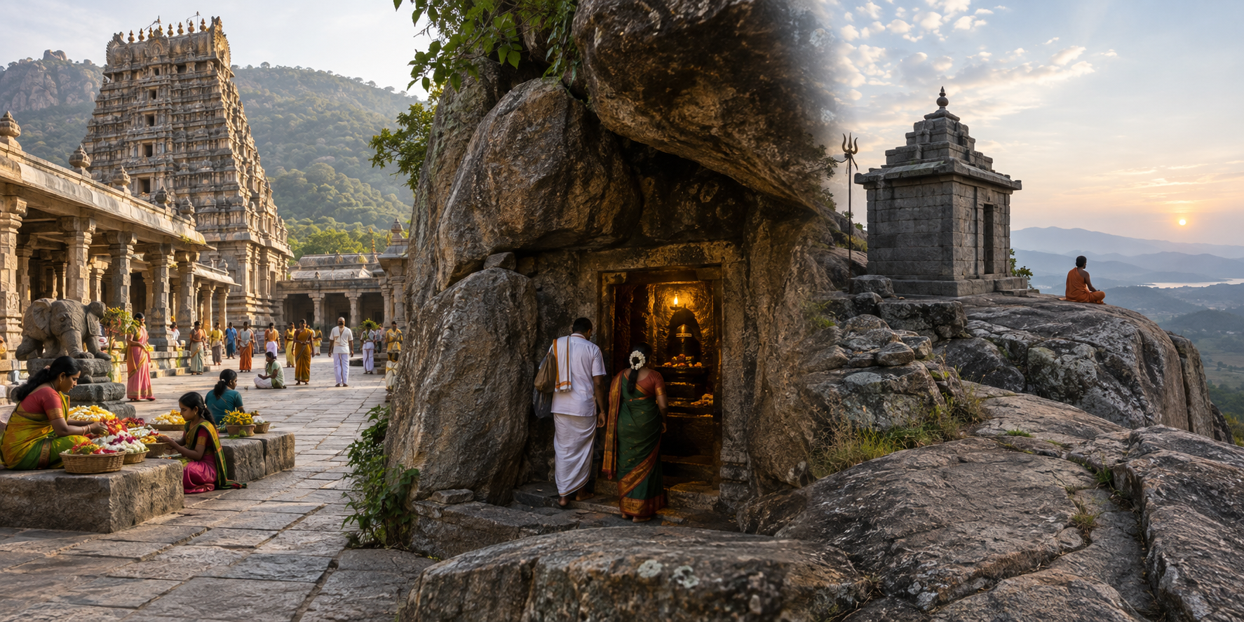 Three scenes show a busy foothill temple courtyard, a shrine inside a granite cave, and a quiet stone sanctuary on a windswept summit.