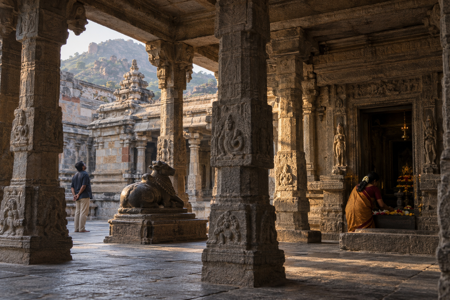 Worshippers stand among carved granite pillars, doorframes, and layered roof structures inside a historic temple complex.