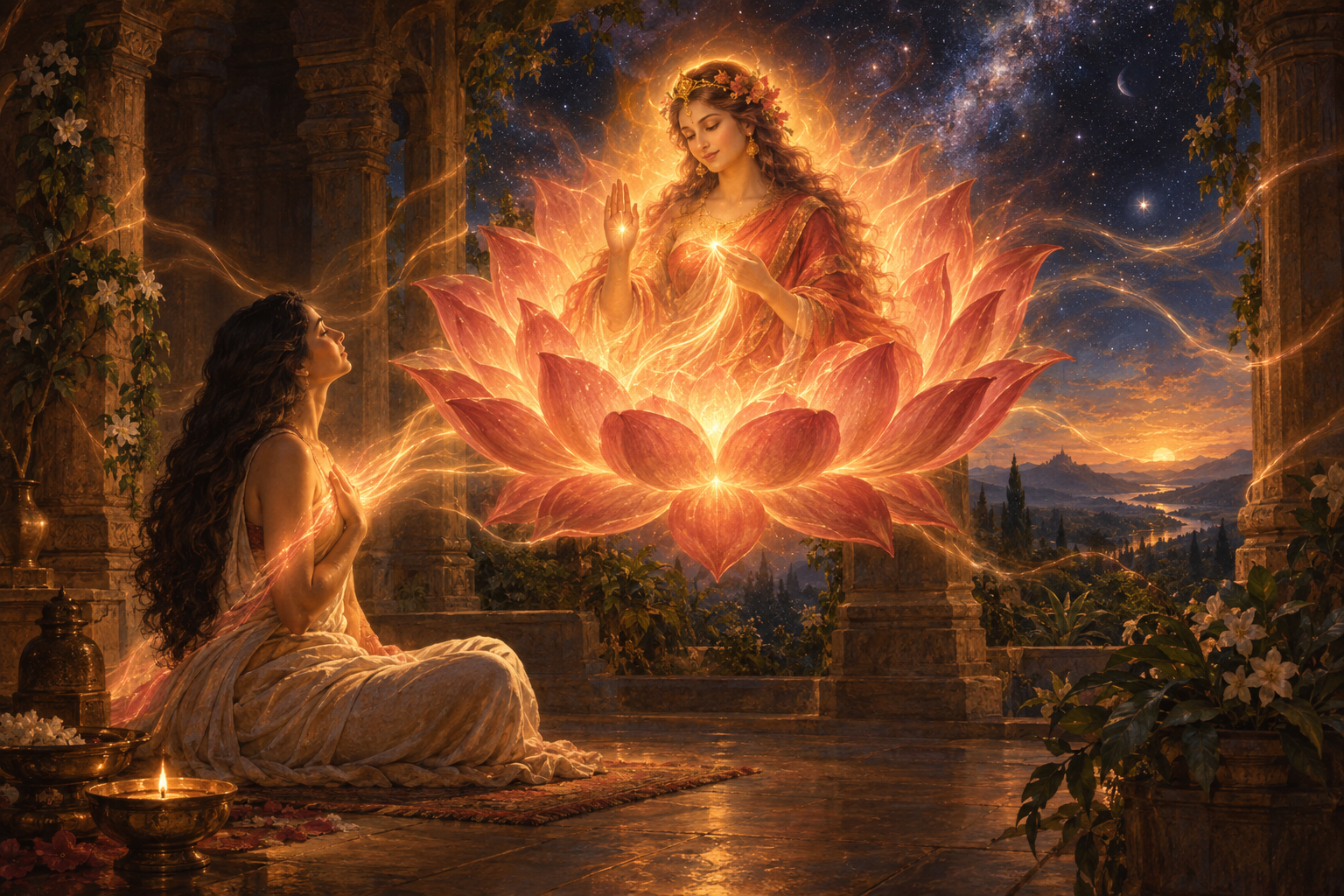 A luminous feminine presence emerges from a many-petaled lotus before a seated practitioner as its light spreads into the temple and surrounding cosmos.