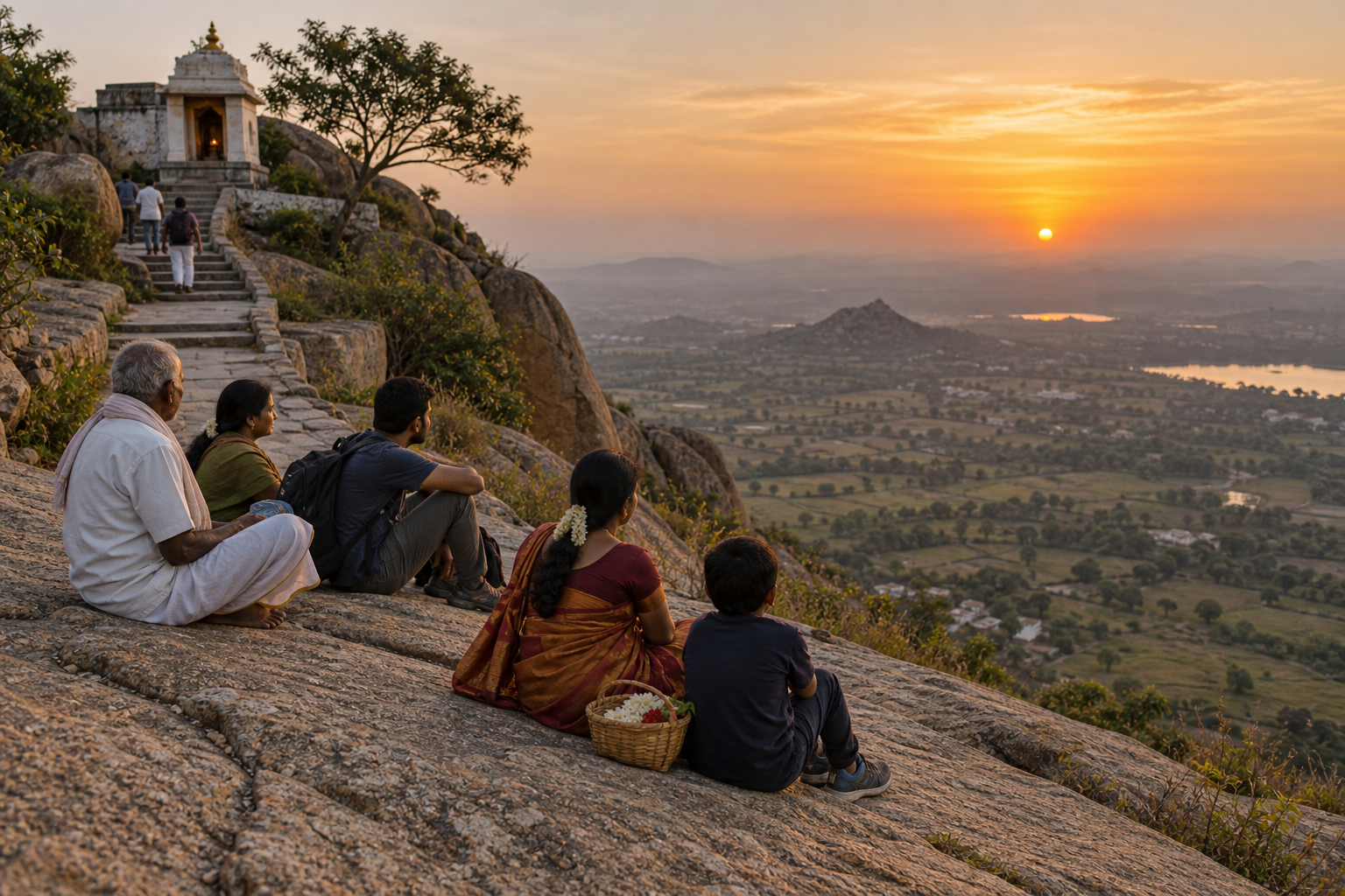 A small group of pilgrims rests beside a stone path and summit shrine while the Chikkaballapura plain stretches into the evening haze below.