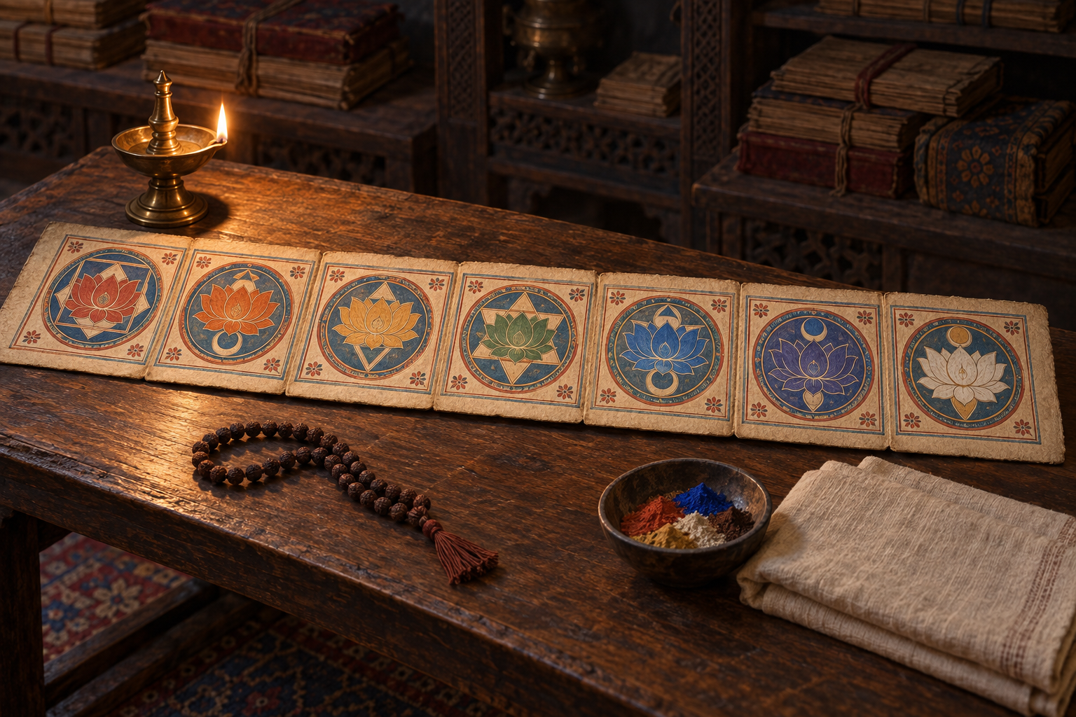 Seven consistently painted lotus medallions lie beside an oil lamp on a study table, while other manuscript bundles remain closed in the background.