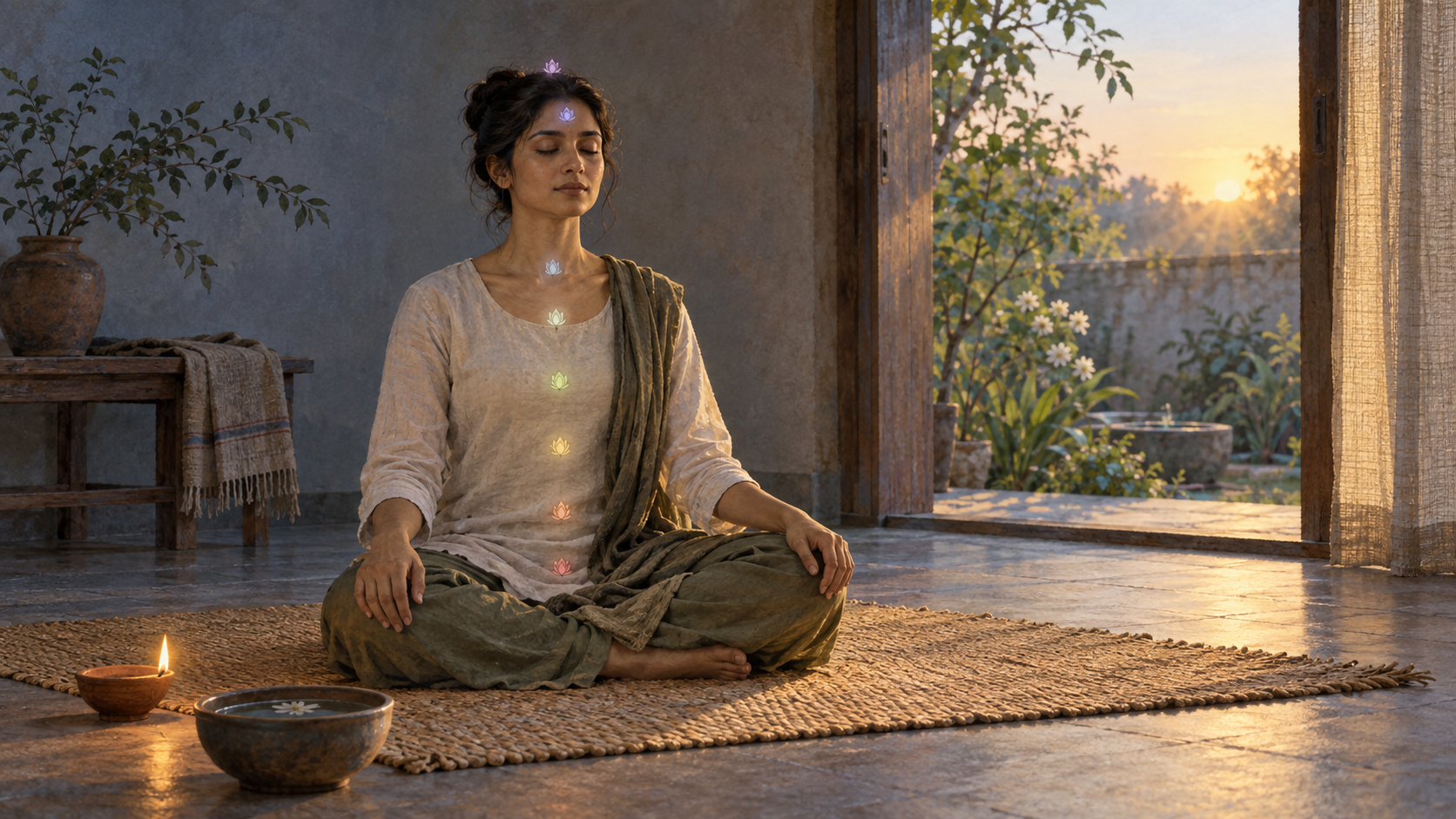 A relaxed practitioner meditates at dawn with seven faint lotus-like lights along the body, beside an oil lamp and an open garden.