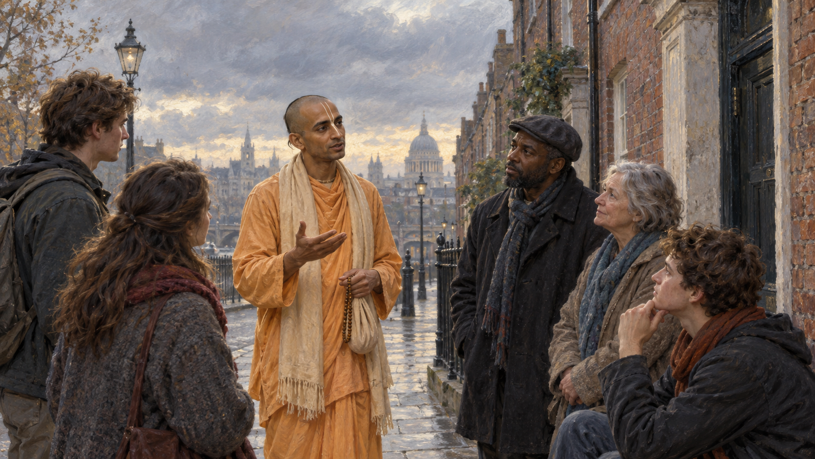 A saffron-clad Hare Krishna practitioner speaks calmly to a small group on a brick-lined London street as warm light breaks through gray clouds.