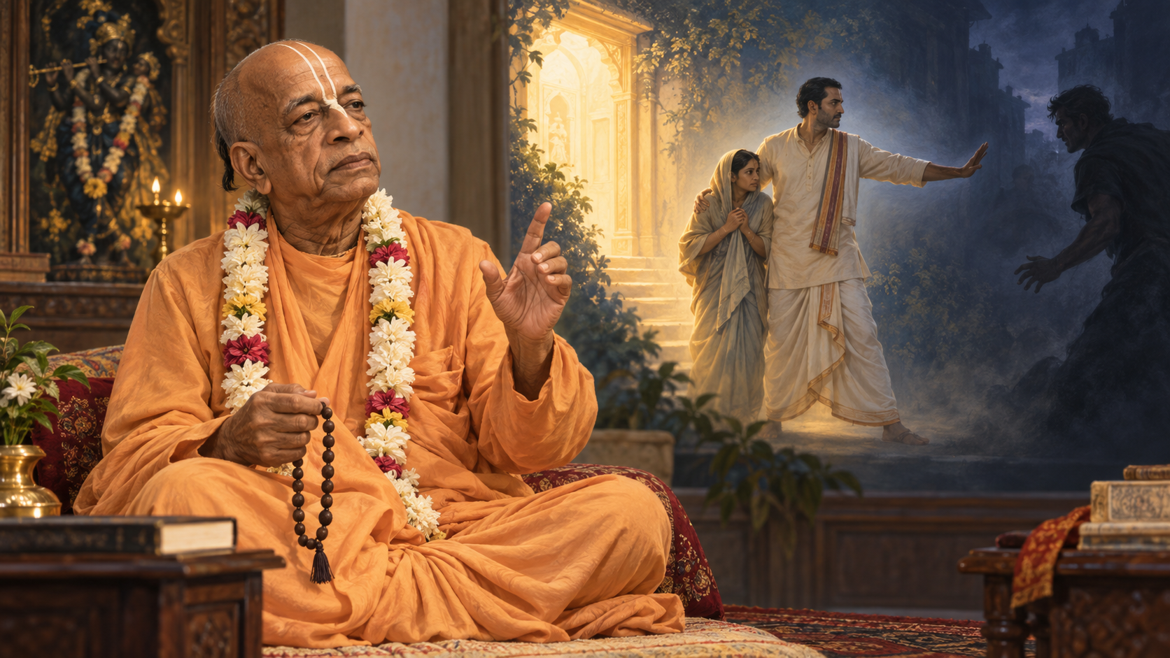 Srila Prabhupada sits with prayer beads and gestures calmly as a symbolic background scene shows one person shielding another and guiding them toward safety.