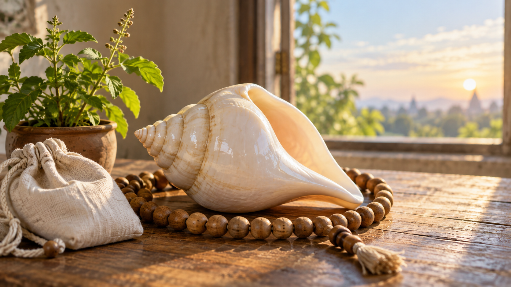 A white conch shell, wooden prayer beads, a cloth bead bag, and a small tulasi plant rest together on a sunlit wooden table.