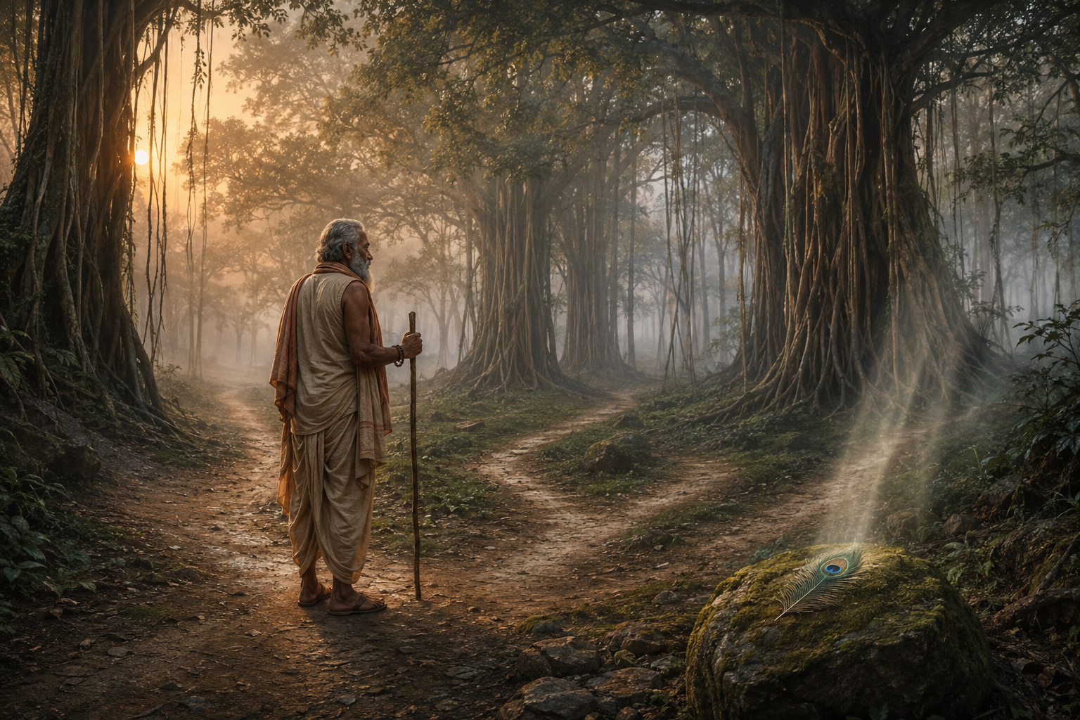 An older practitioner pauses with a staff where several misty paths divide beneath large banyan trees, near a peacock feather on a stone.