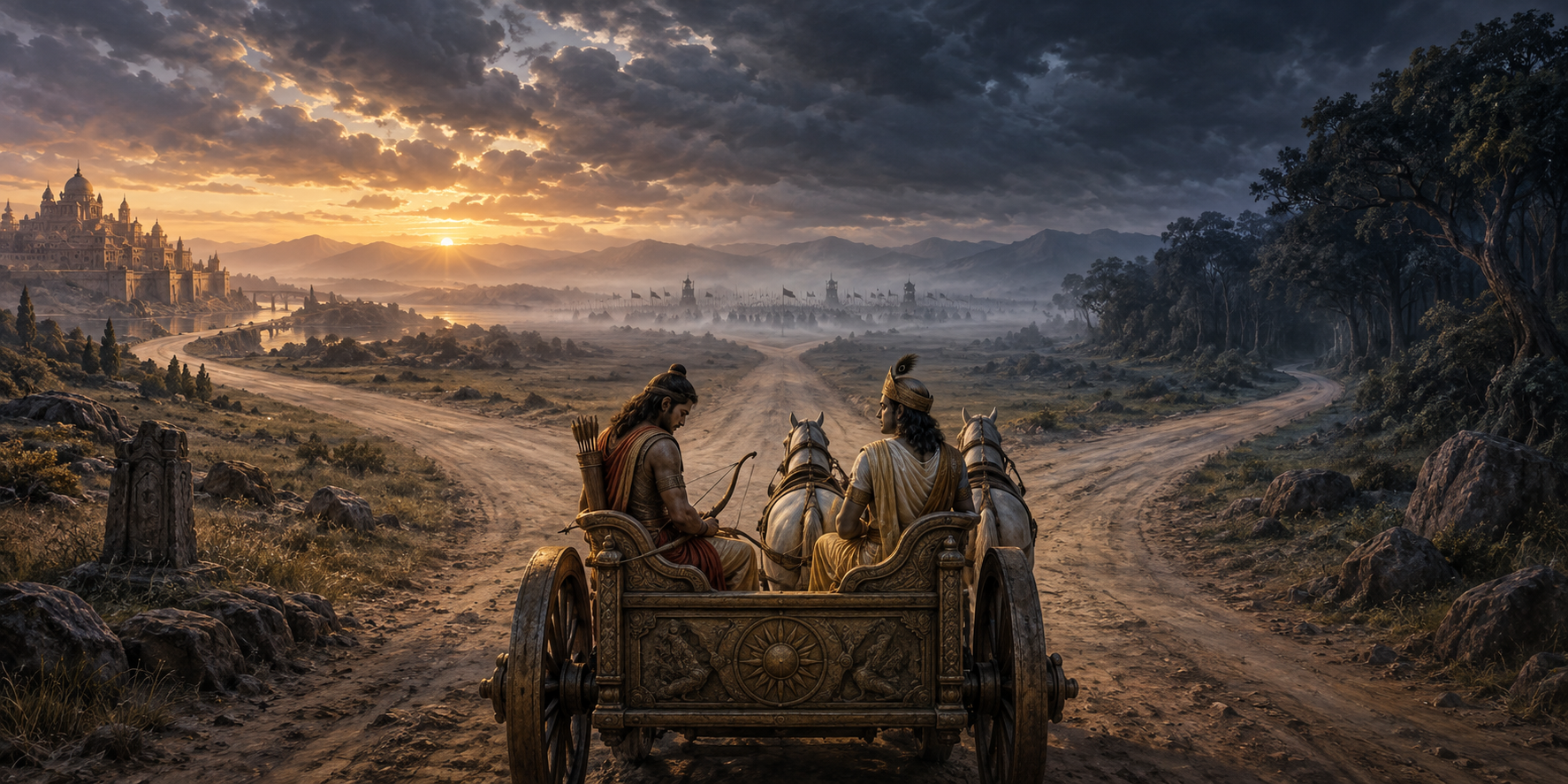 A warrior with a lowered bow and a charioteer pause in an ancient chariot where roads divide toward a palace, a forest, and a misty battlefield.