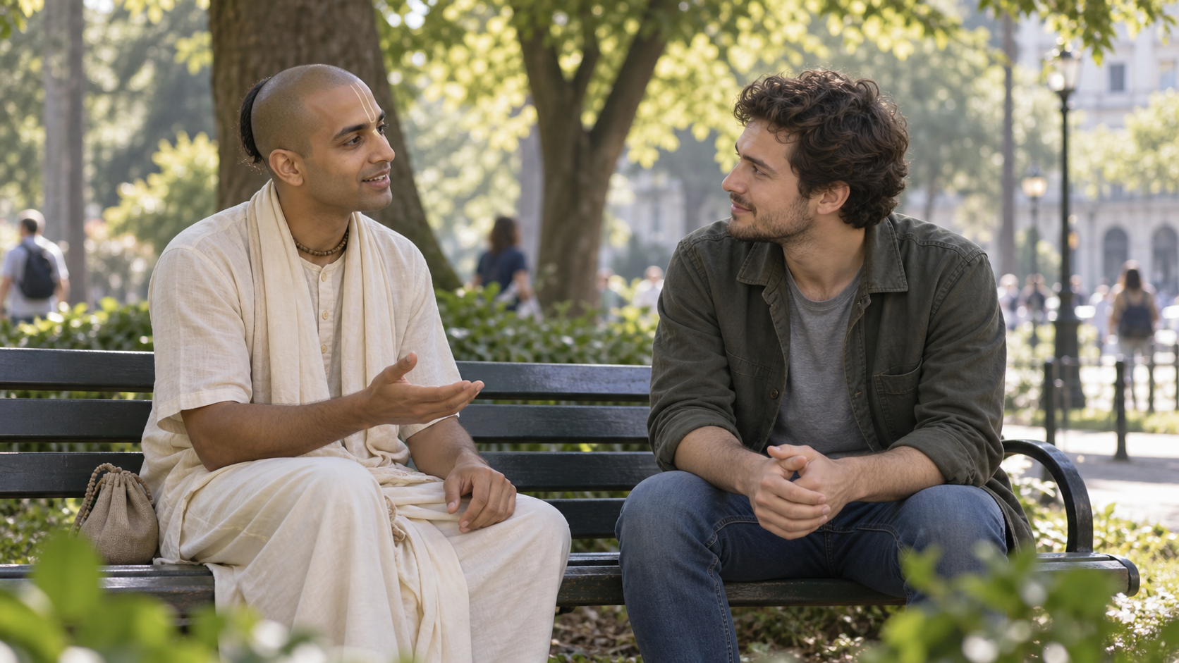 A Vaishnava practitioner and another adult have an attentive face-to-face conversation on a shaded park bench.