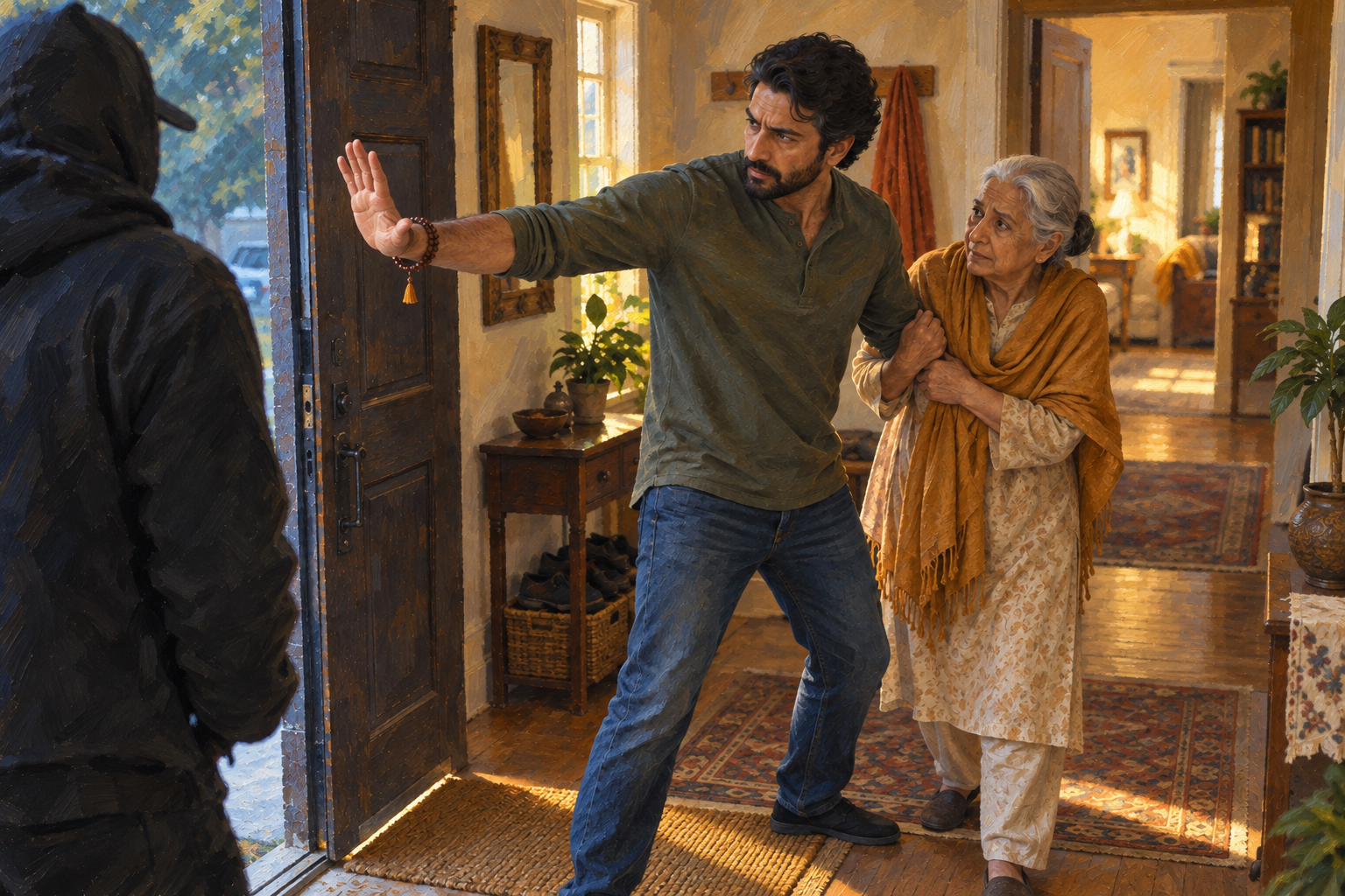 A calm adult stands between an agitated person at a doorway and an elderly family member being guided toward a secure room.